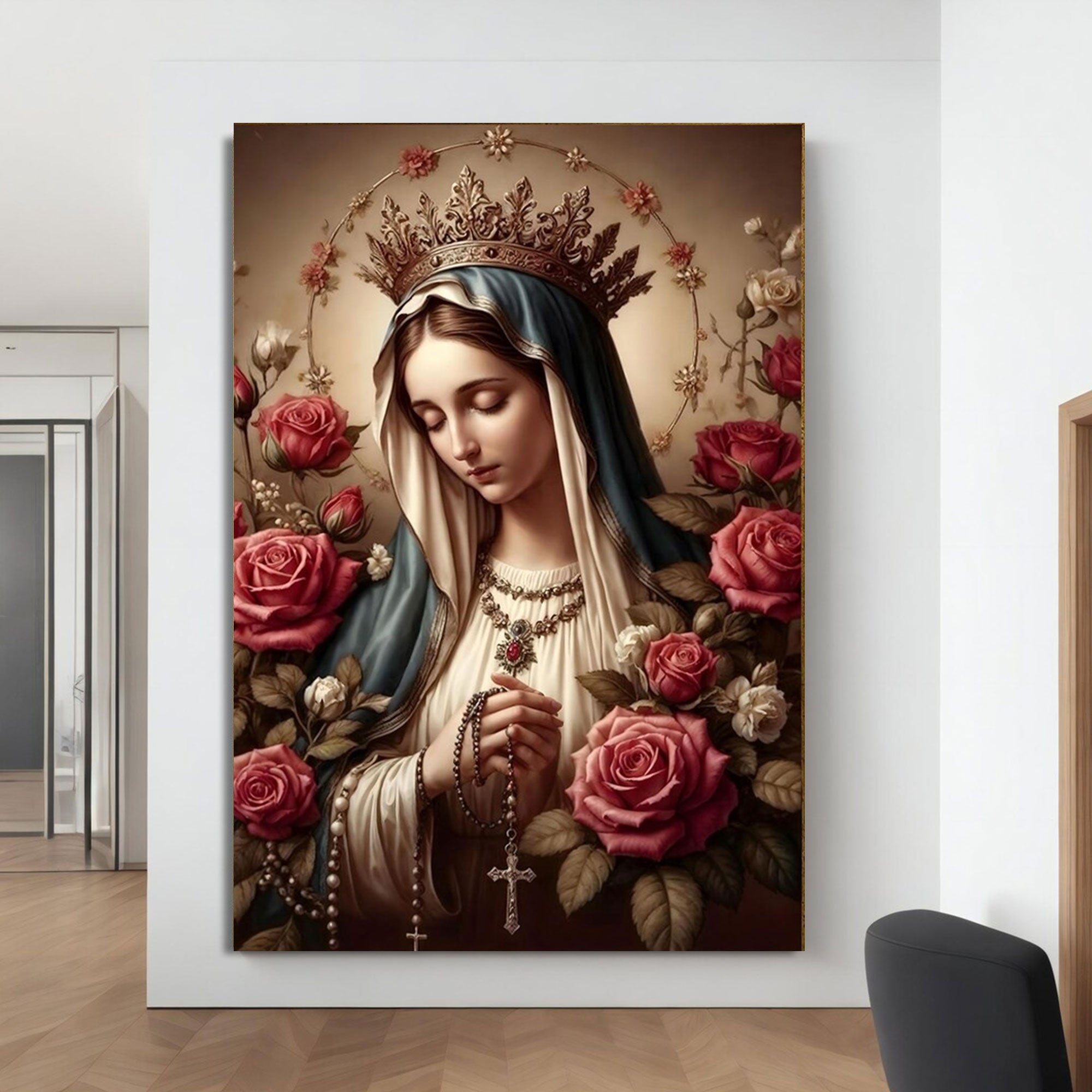 Virgin Mary Floral Canvas Print, Blessed Mother Portrait Wall Art, Catholic Faith Decor, Sacred Christian Gift, Ready to Hang