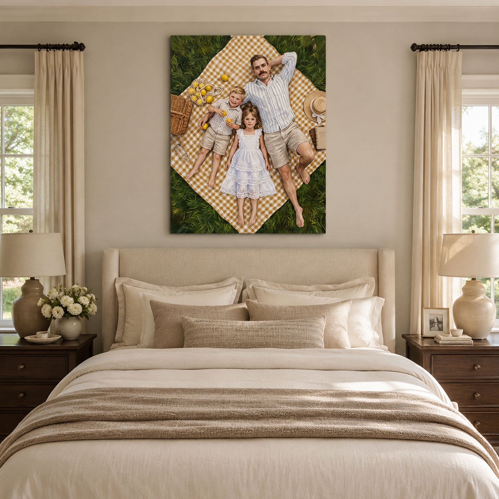 Custom Dad Lazy Lemon Canvas Print, Personalized Father and Kids Picnic Portrait