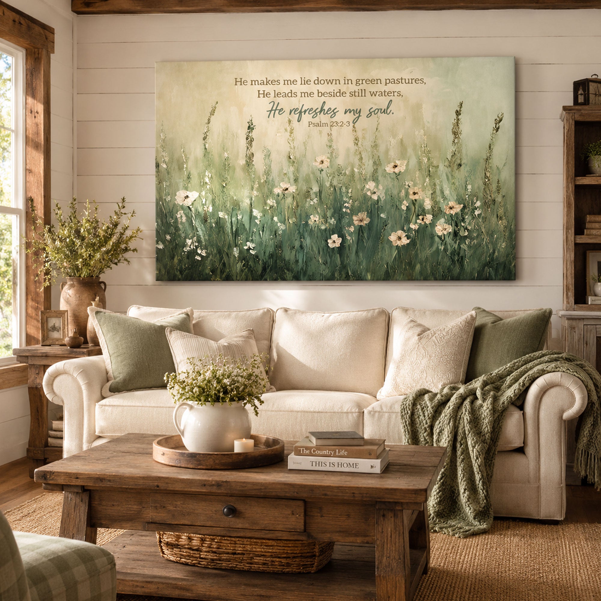 Psalm 23:2-3 Bible Verse Canvas Print, He Makes Me Lie Down in Green Pastures Christian Wall Art, Peaceful Landscape Nature Decor