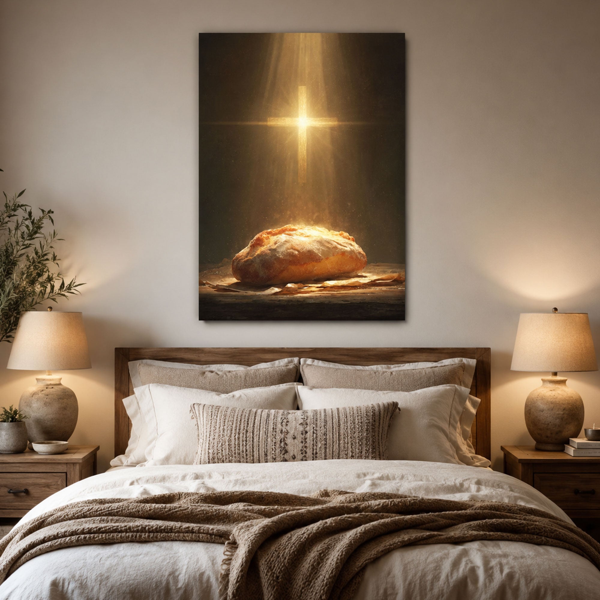 Bread of Life Wall Art, Christian Eucharist Canvas Print, Cross Light Religious Faith Decor