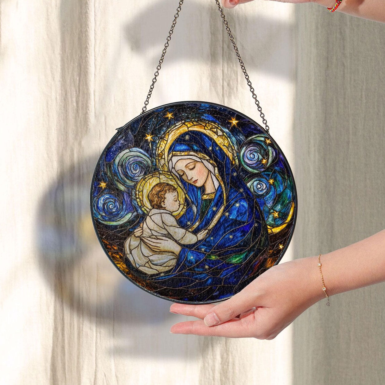 Virgin Mary and Baby Jesus Suncatcher, Starry Night Catholic Window Hanging, Christian Gift for Mom