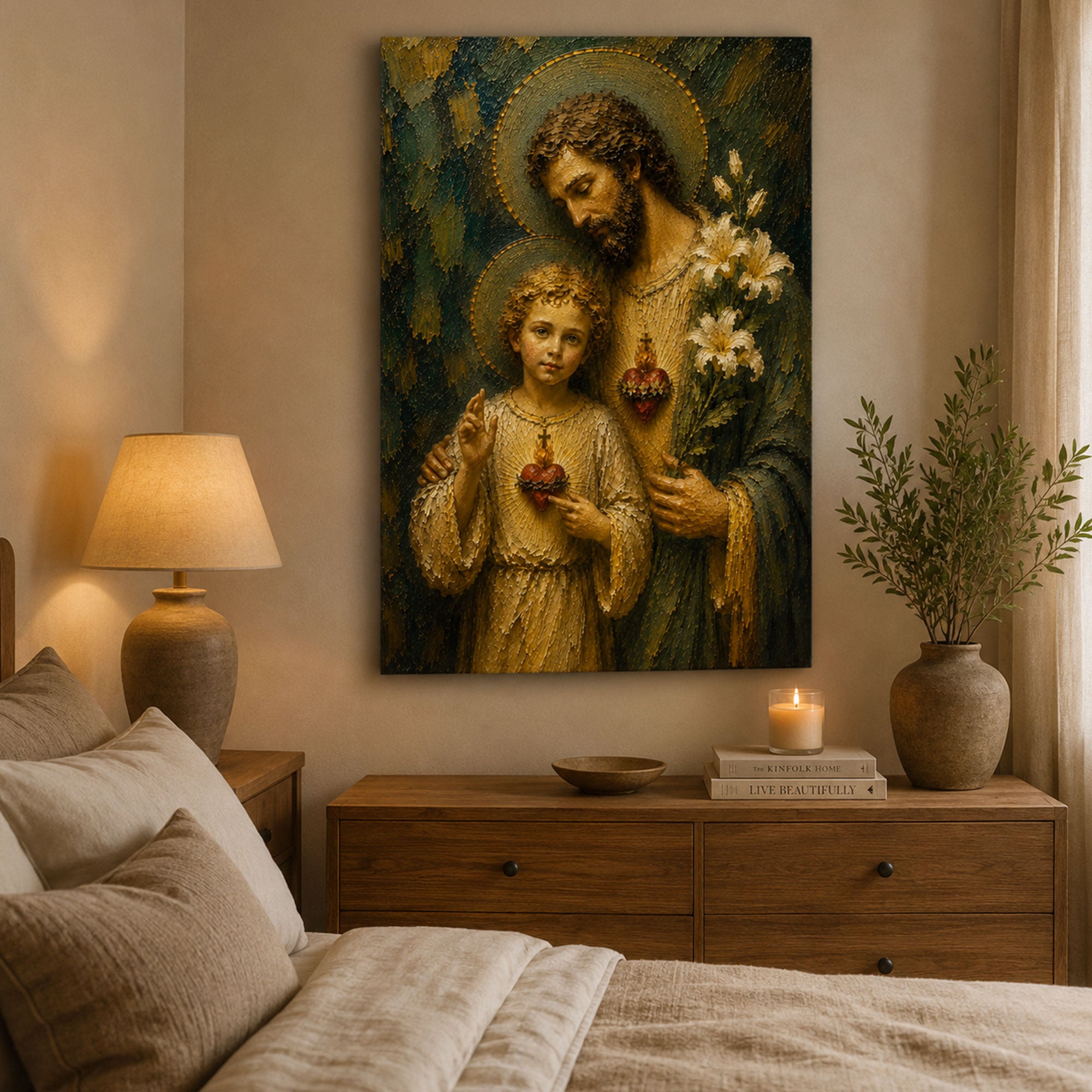 Saint Joseph and Child Jesus Canvas Print, Catholic Sacred Hearts Wall Art, Faith Home Decor