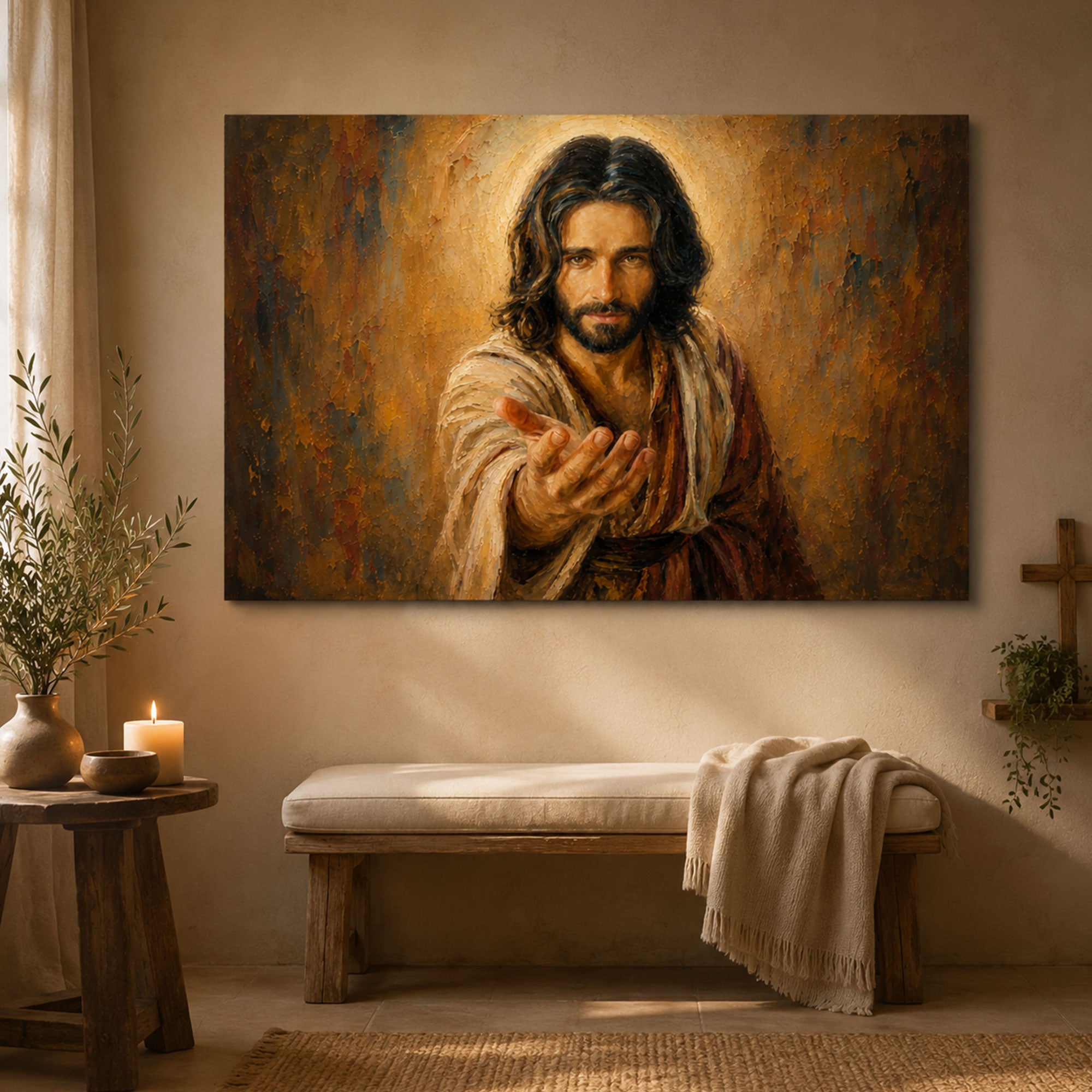 Jesus Reaching Out Canvas Print, Come to Me Christian Wall Art, Warm Faith Home Decor