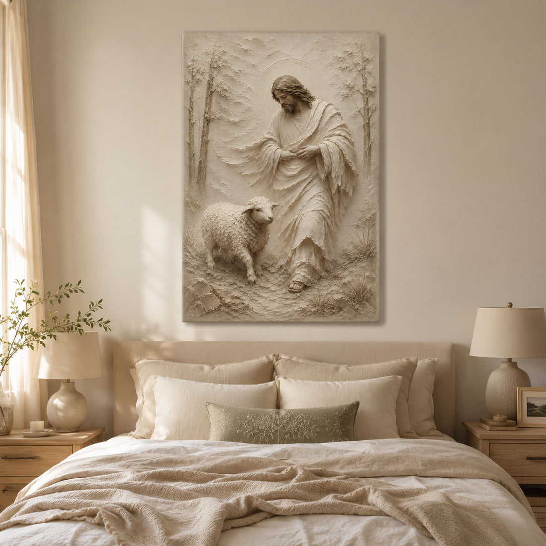 Good Shepherd Jesus with Lamb Canvas Print, White Bas Relief Christian Wall Art, Peaceful Faith Home Decor