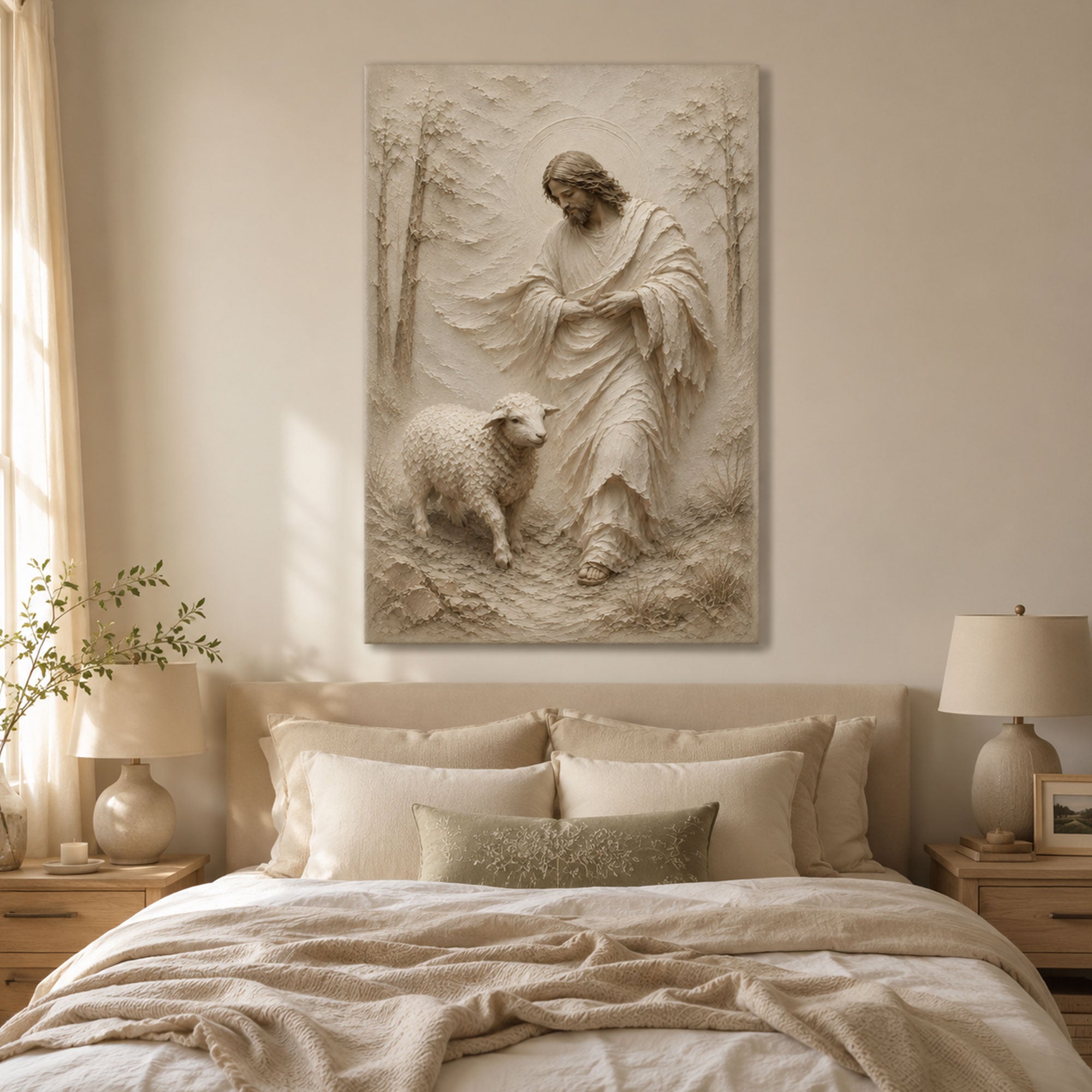 Good Shepherd Jesus with Lamb Canvas Print, White Bas Relief Christian Wall Art, Peaceful Faith Home Decor