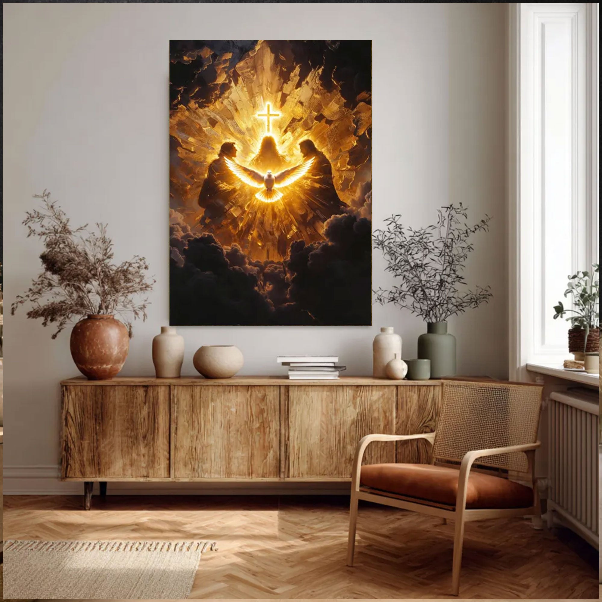 Radiant Holy Spirit Canvas Print, Illuminated Dove with Cross Wall Art, Symbol of Divine Presence and Light, Christian Religious Decor, Inspirational Faith Gift