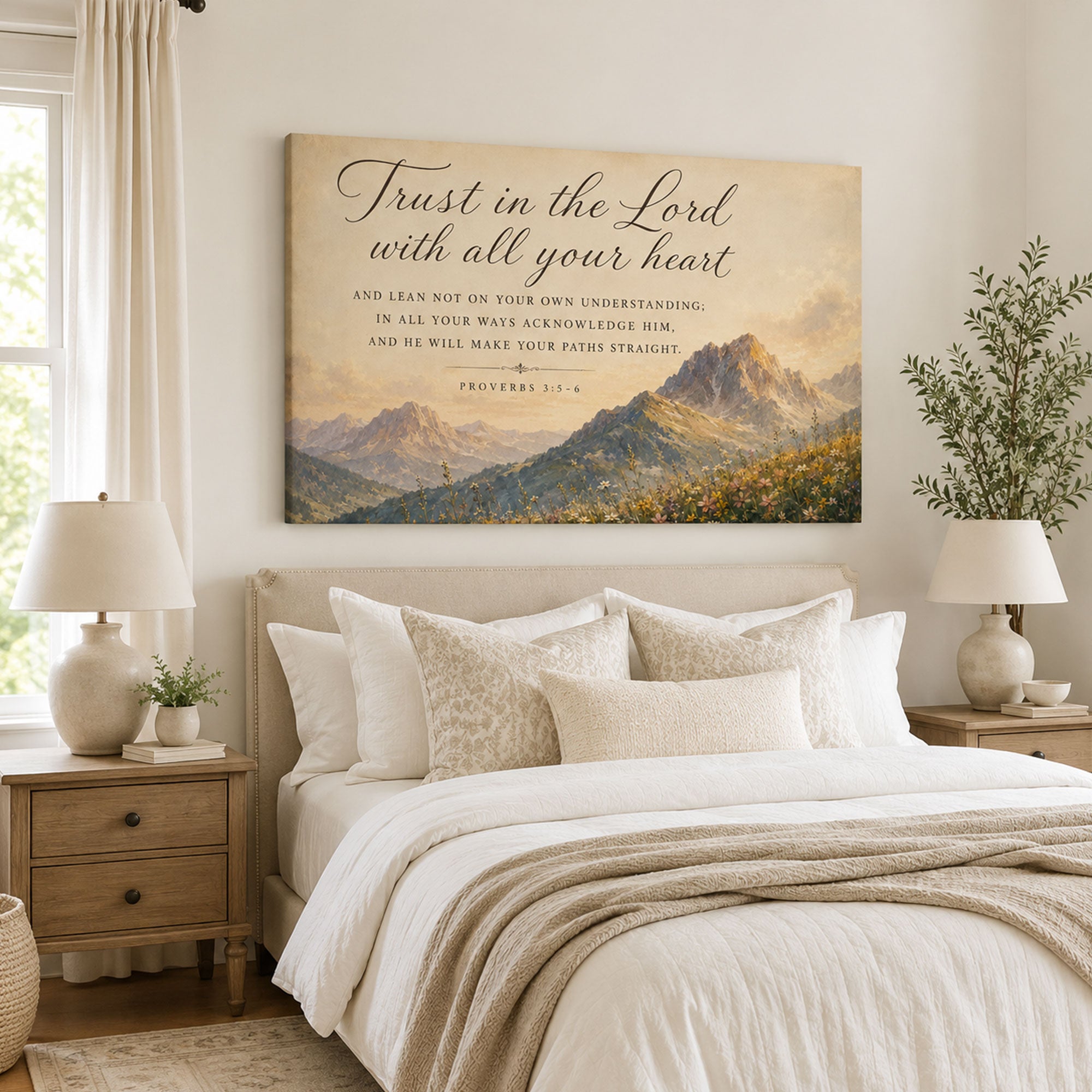 Proverbs 3:5-6 Canvas Print, Trust in the Lord Mountain Scripture Wall Art, Christian Faith Home Decor Gift