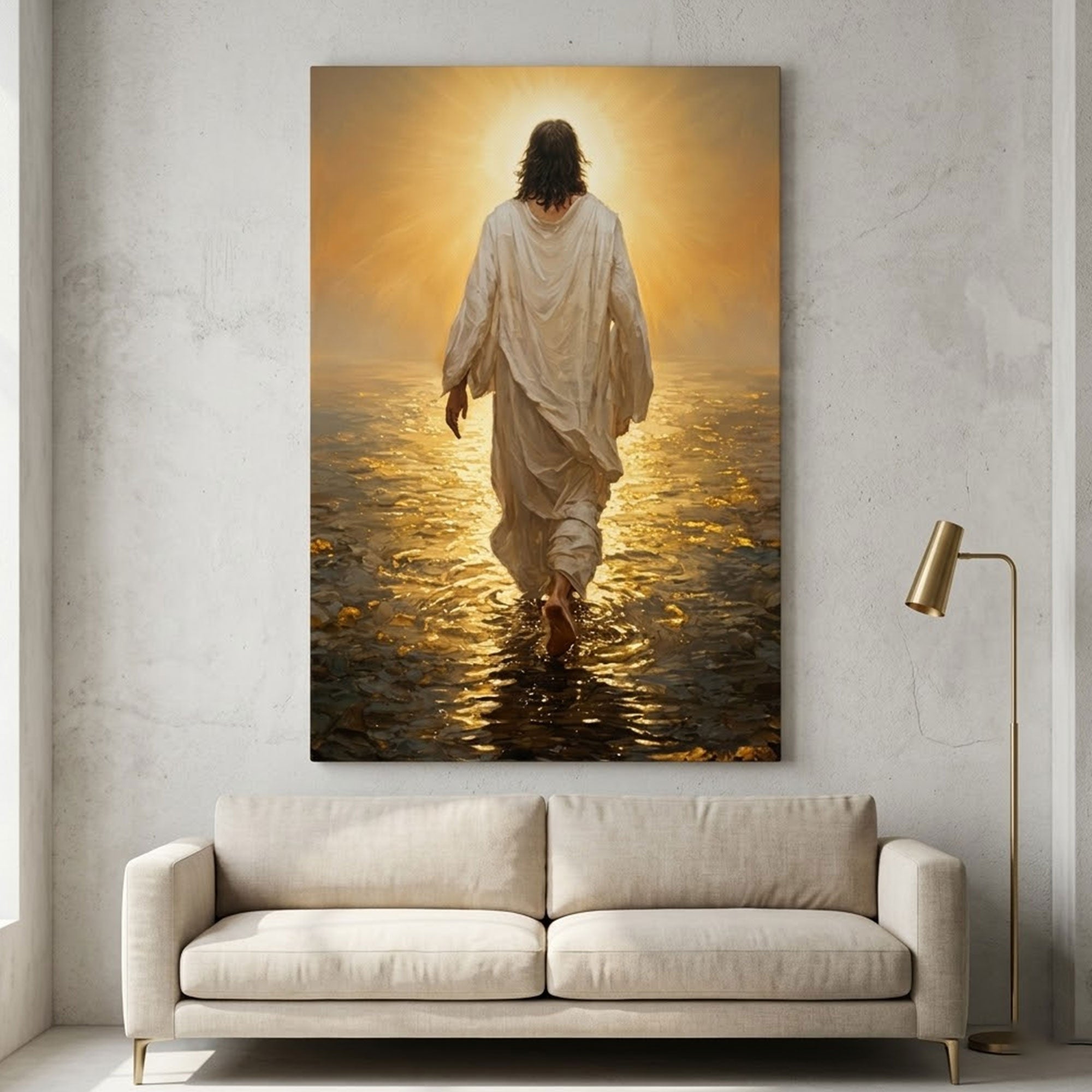 Jesus Walking on Water Canvas Print, Golden Light Christian Wall Art, Inspirational Faith Home Decor