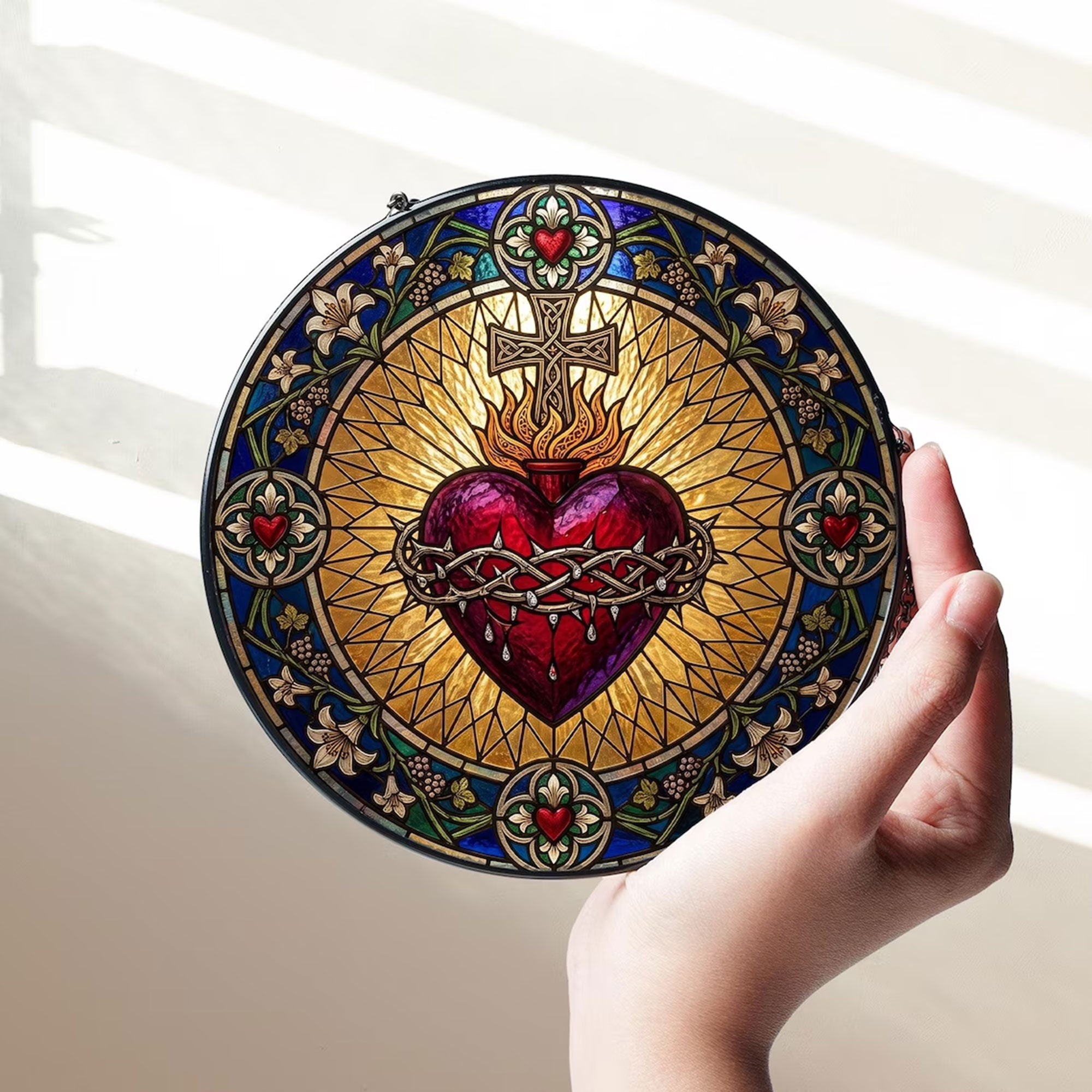 Sacred Heart Stained Glass Suncatcher, Catholic Window Hanging, First Communion Gift