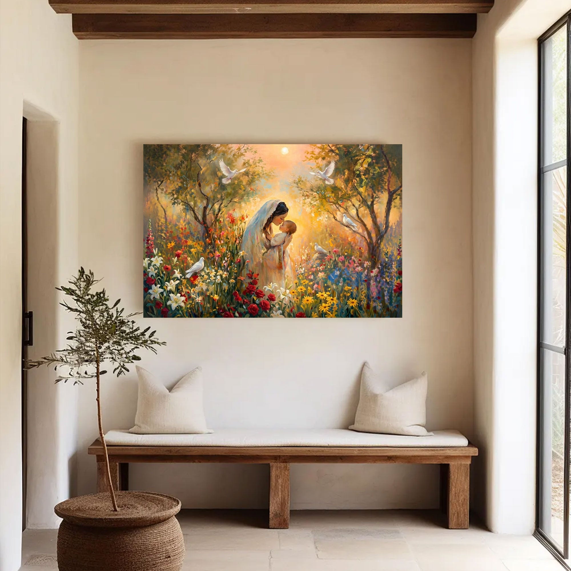Madonna and Child in Bloom Canvas Print, Virgin Mary with Baby Jesus, A Tender Expression of Love, Peace, and Divine Grace