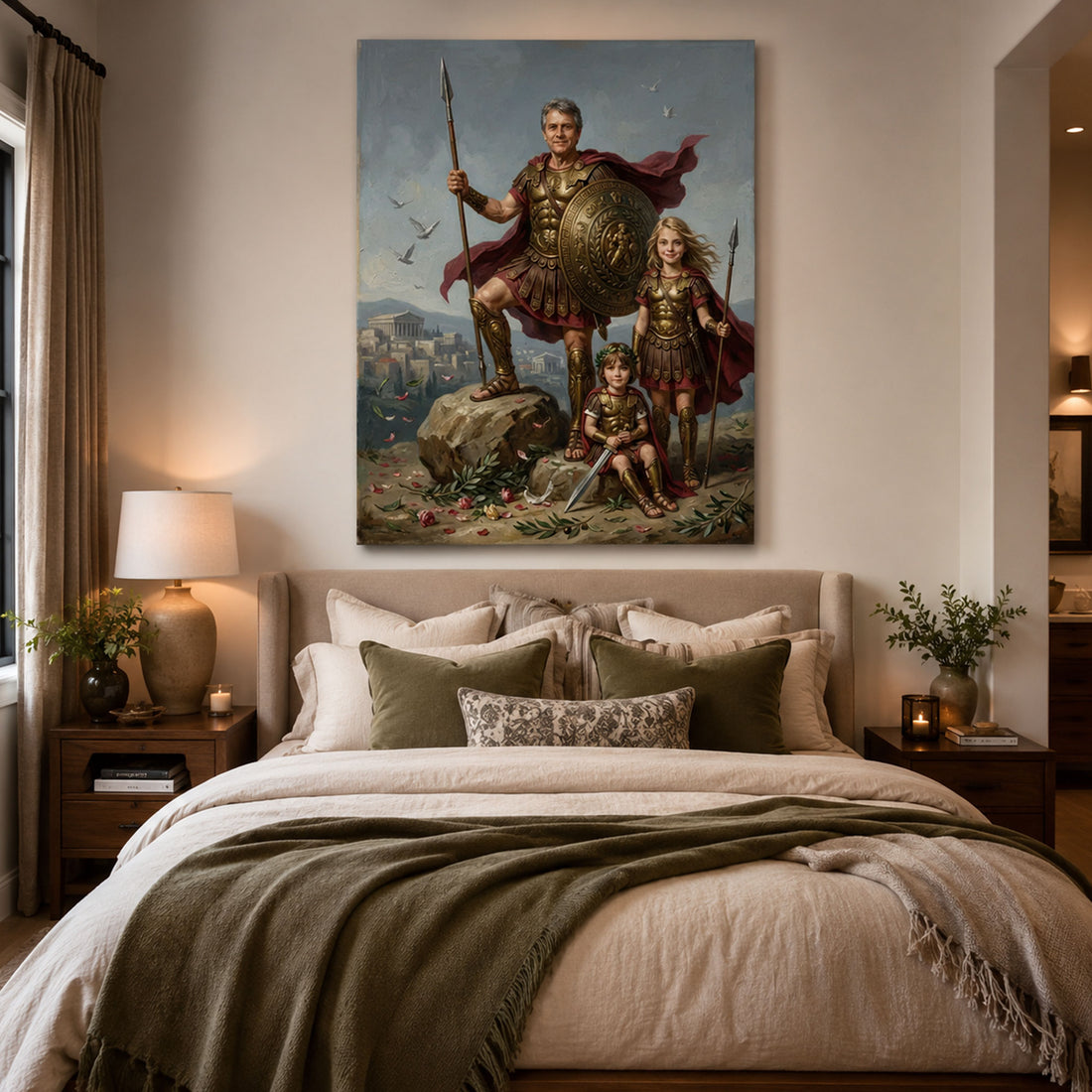 Personalized Spartan Dad Canvas Print, Custom Father and Daughters Warrior Portrait, Father’s Day Gift