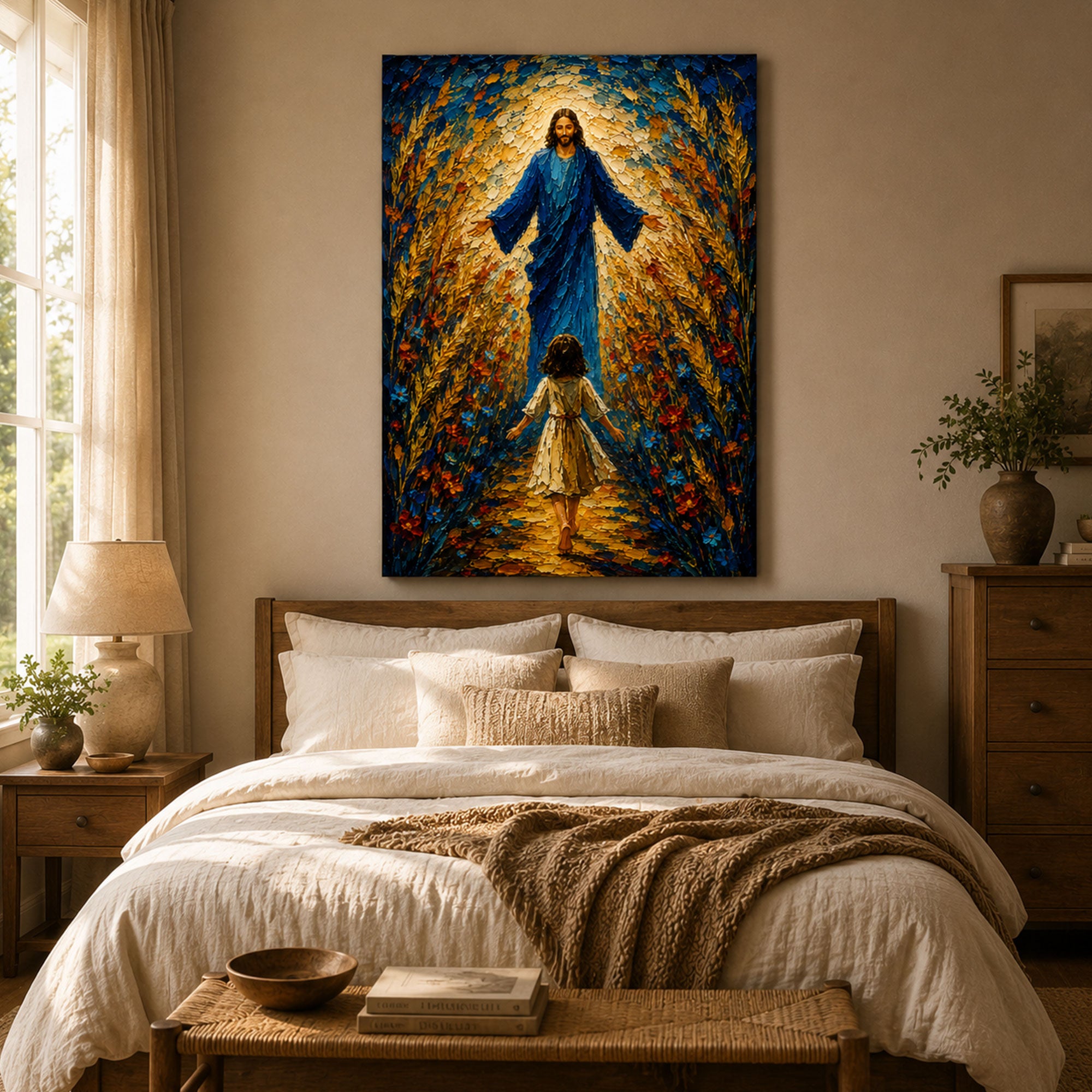 Jesus Welcomes a Little Girl Canvas Print, Christian Child Faith Wall Art, Walk With Jesus Home Decor
