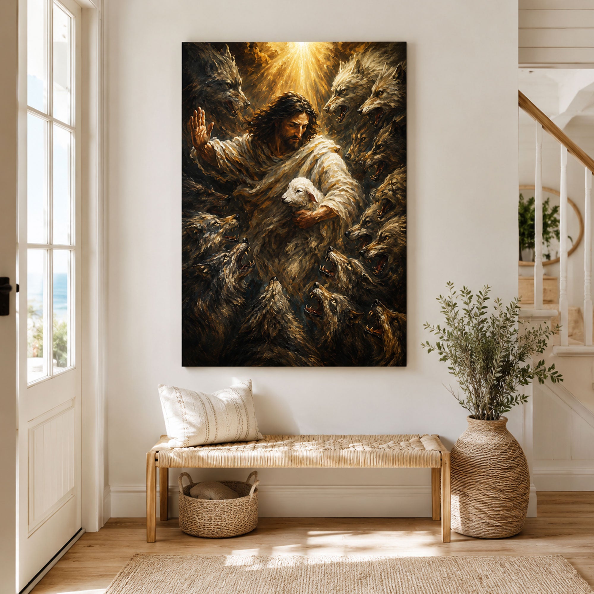Jesus Protecting the Lamb Canvas Print, Good Shepherd Christian Wall Art, Faith Home Decor Gift
