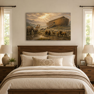 Noah’s Ark Panoramic Canvas Print, Bible Story Christian Wall Art, Faith Home Decor Gift