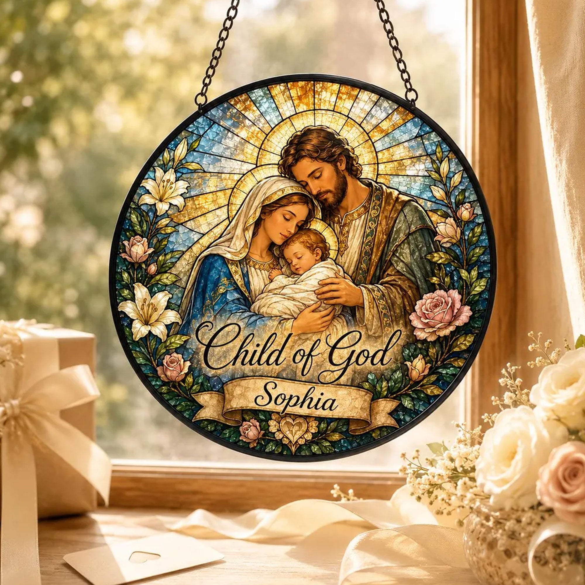 Personalized Child of God Holy Family Suncatcher, Custom Name Catholic Baptism Gift for Baby Girl