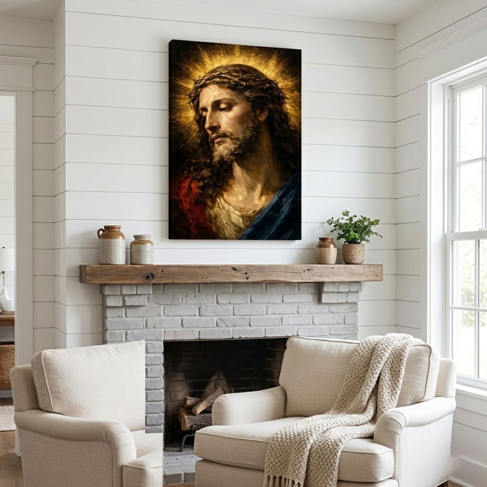 Jesus Christ Crown of Thorns Portrait Canvas Print, Sacred Christian Wall Art, Classical Religious Faith Decor
