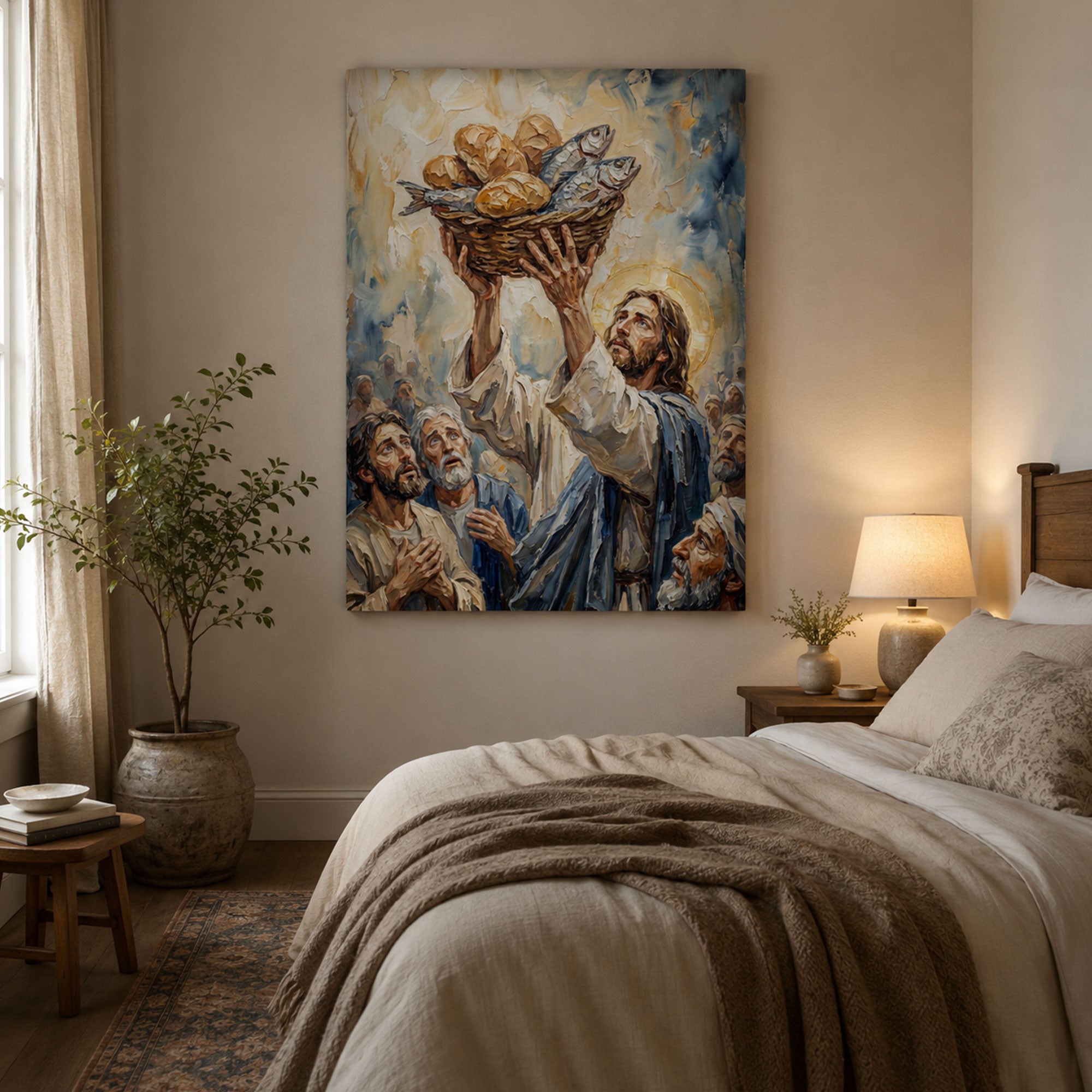 Jesus Feeding the 5000 Canvas Print, Loaves and Fish Miracle Christian Wall Art, Bible Story Home Decor