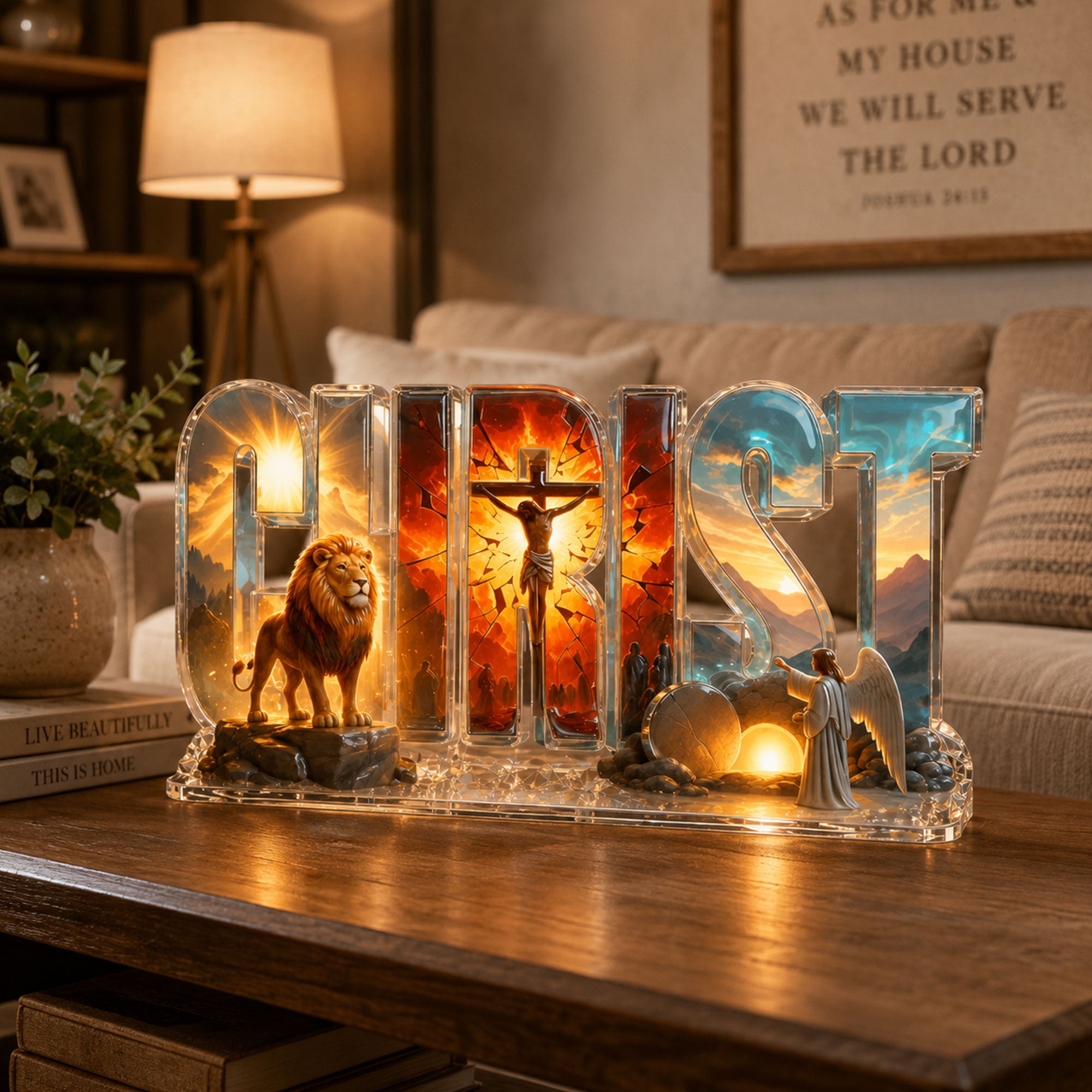 Christ Name Acrylic Plaque, Lion of Judah & Empty Tomb Christian Decor, 2D Flat Faith Table Display
