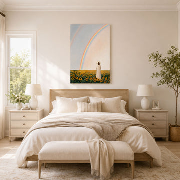 Jesus Beneath the Promise Rainbow Canvas Print, Sunflower Christian Decor