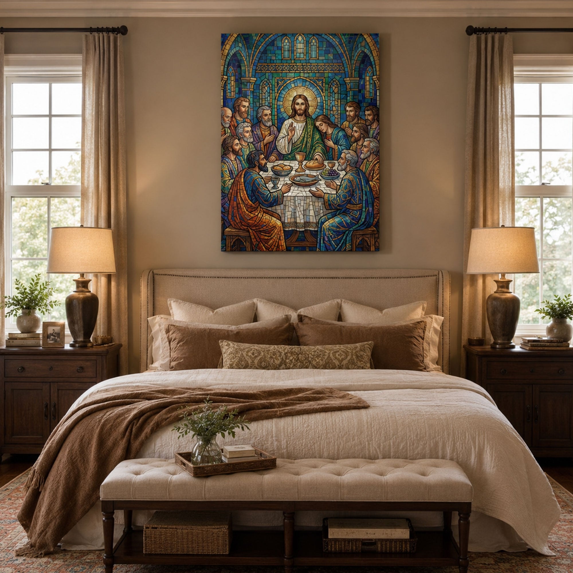 Last Supper Stained Glass Canvas Print, Christian Eucharist Wall Art, Catholic Faith Home Decor