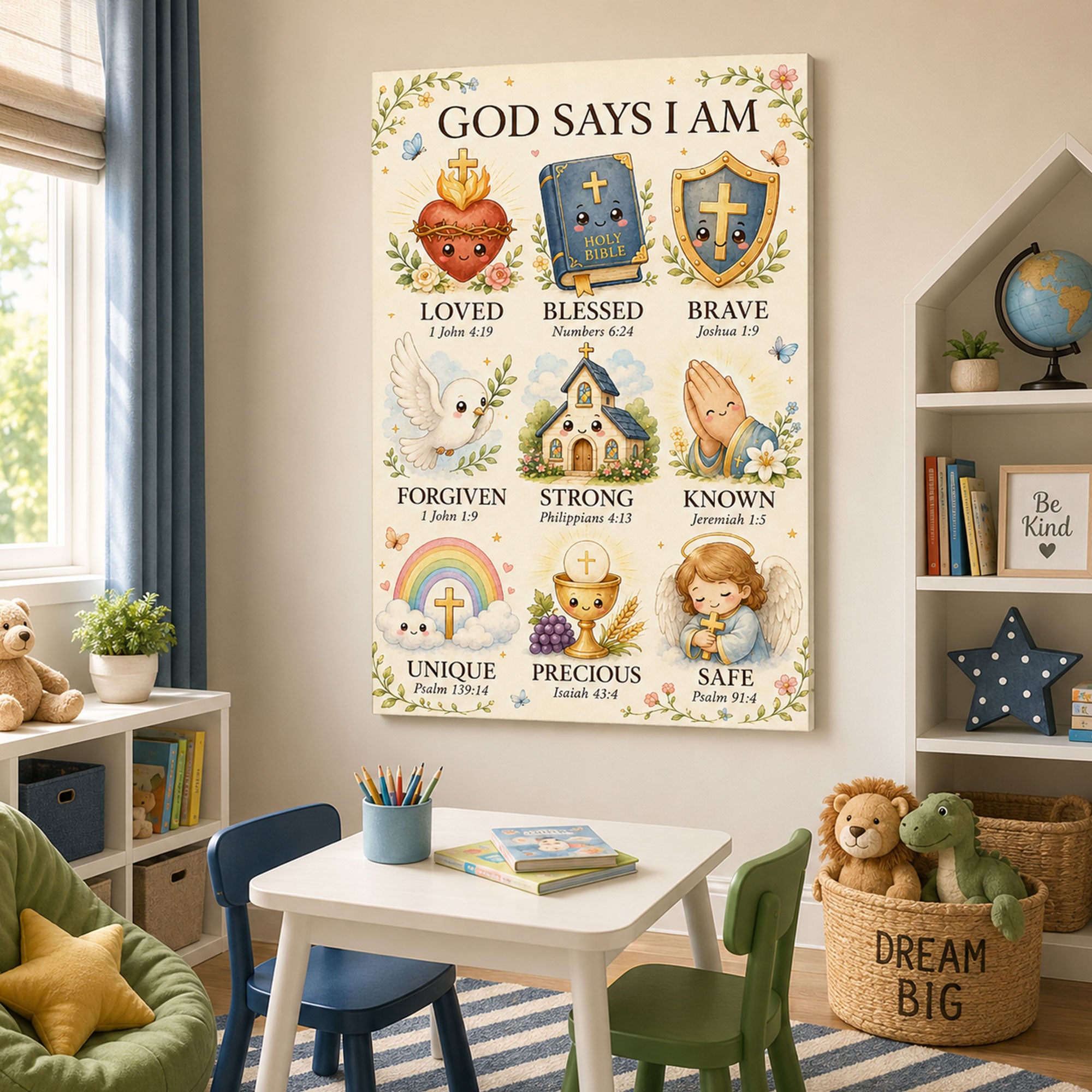 God Says I Am Christian Kids Canvas Print Catholic Affirmation Wall Art Bible Verse Nursery Decor