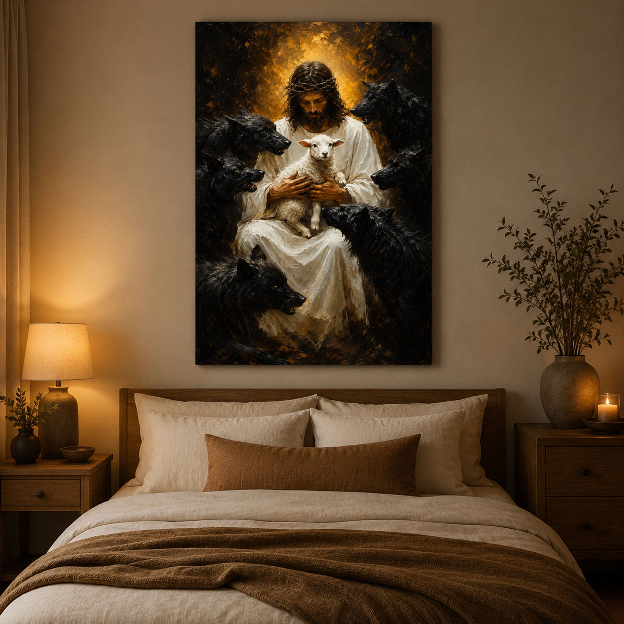 Jesus Protecting the Lamb Canvas Print, Good Shepherd with Wolves Christian Wall Art, Faith Home Decor