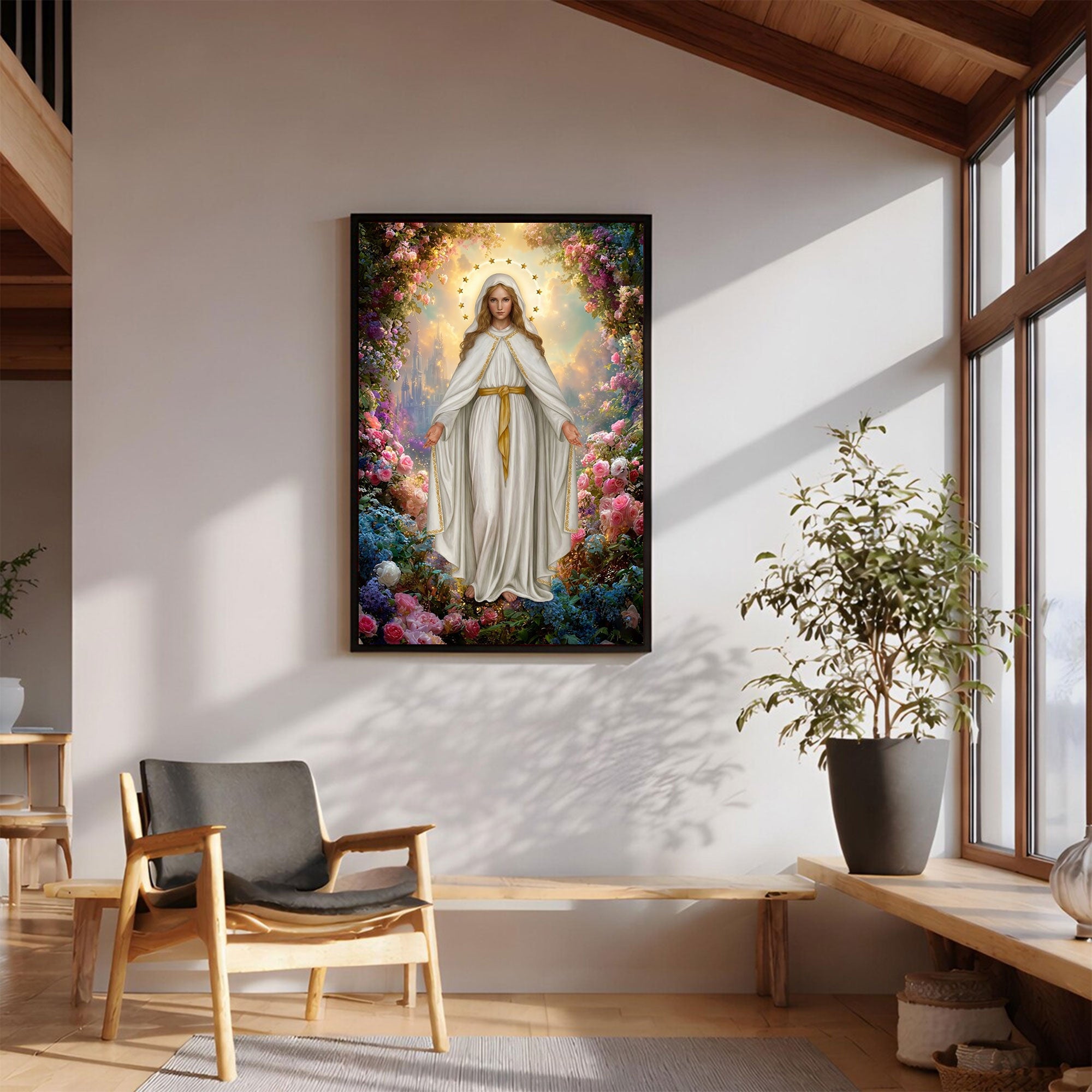 Our Lady of Grace Canvas Print, Catholic Virgin Mary Wall Art, Blessed Mother Apparition in Floral Garden, Sacred Christian Decor, Inspirational Faith Gift