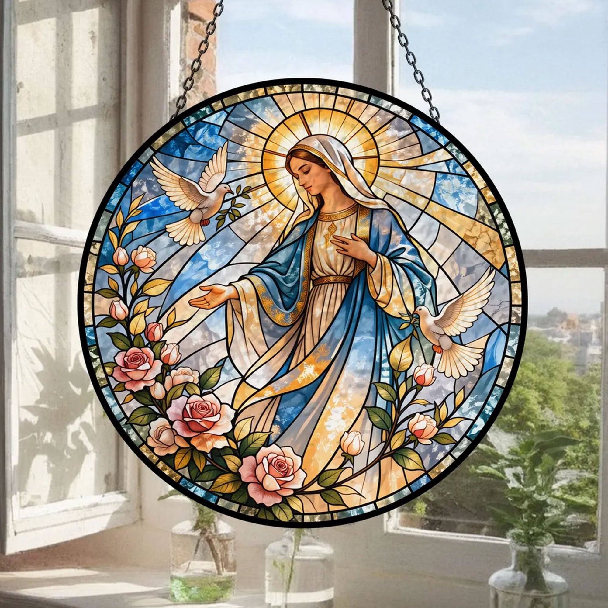 Virgin Mary with Doves and Roses Suncatcher, Catholic Window Hanging, Peaceful Christian Gift