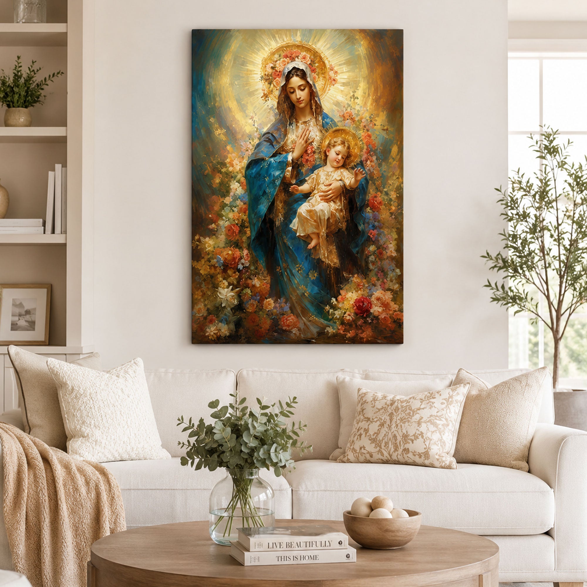 Blessed Virgin Mary with Baby Jesus Canvas Print, Catholic Home Decor, Religious Gift