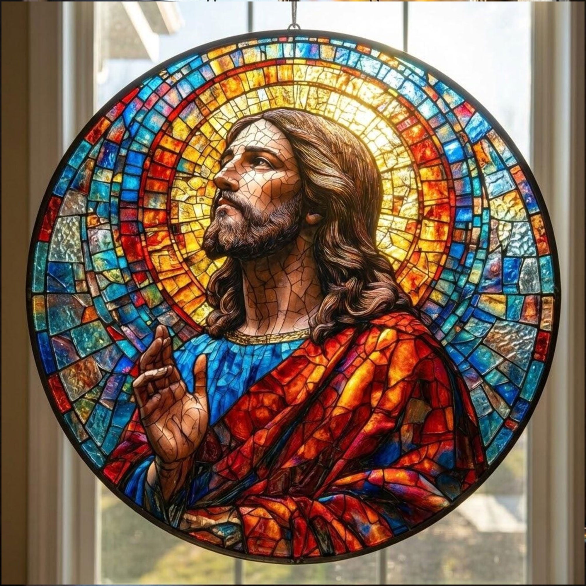 Jesus Christ Stained Glass Suncatcher, Christian Window Hanging Decor, Religious Faith Gift, Spiritual Home Ornament