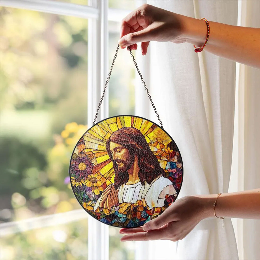 Jesus Stained Glass Suncatcher, Christian Window Hanging Decor, Floral Faith Gift, Religious Home Ornament