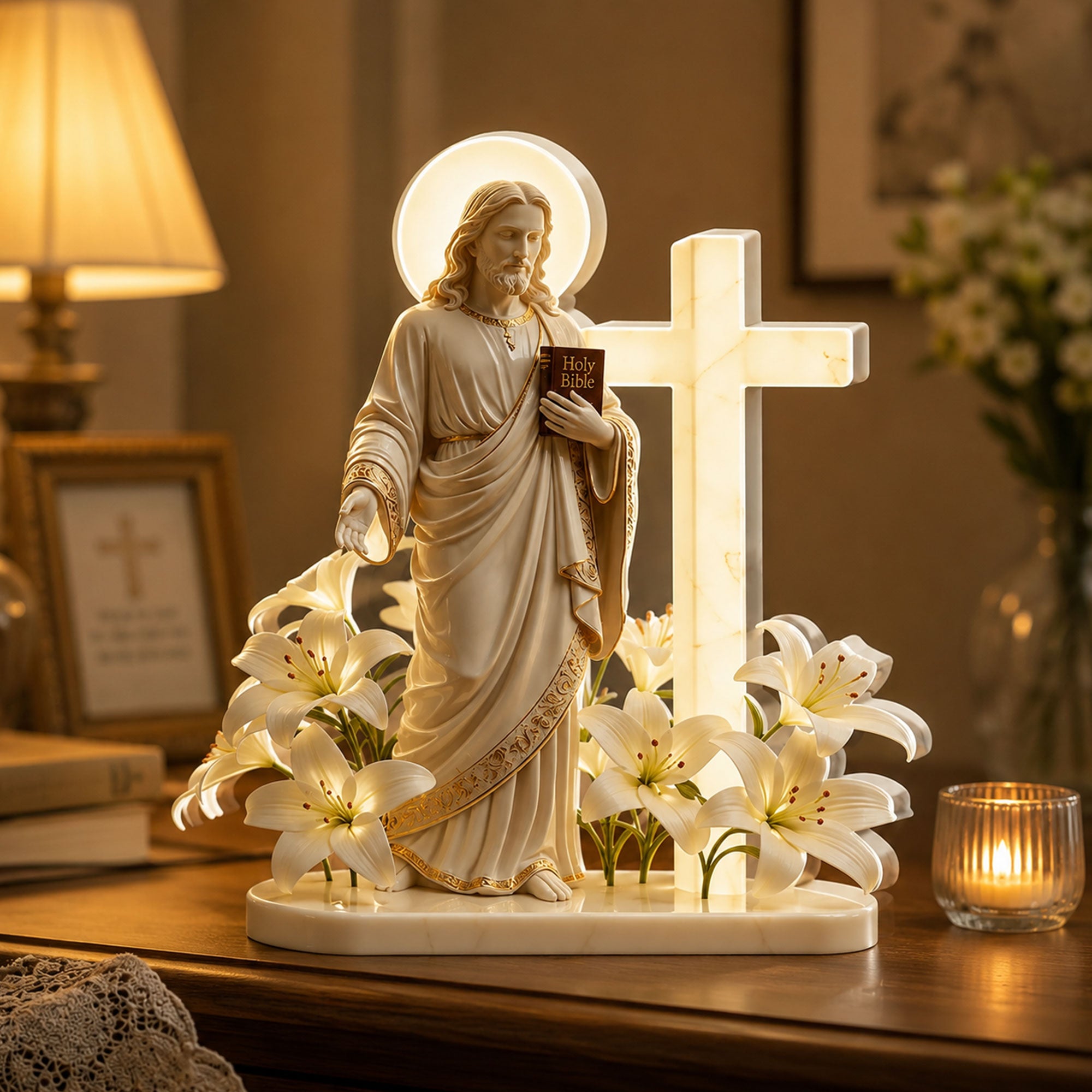Jesus with Cross and Lilies Acrylic Plaque, 2D Flat Christian Table Decor, Single-Sided Easter Gift