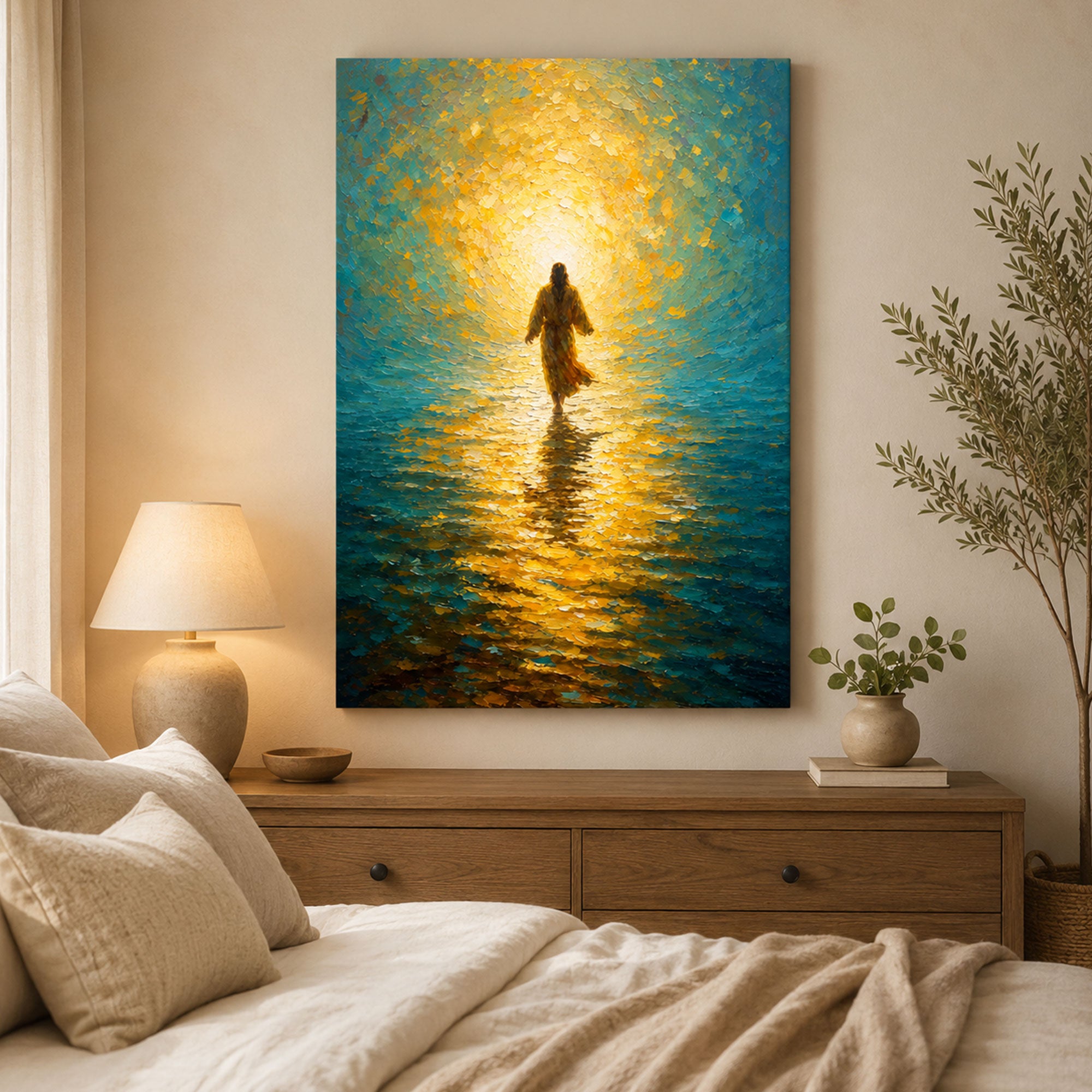 Jesus Walking on Water Canvas Print, Golden Light Christian Wall Art, Faith Home Decor