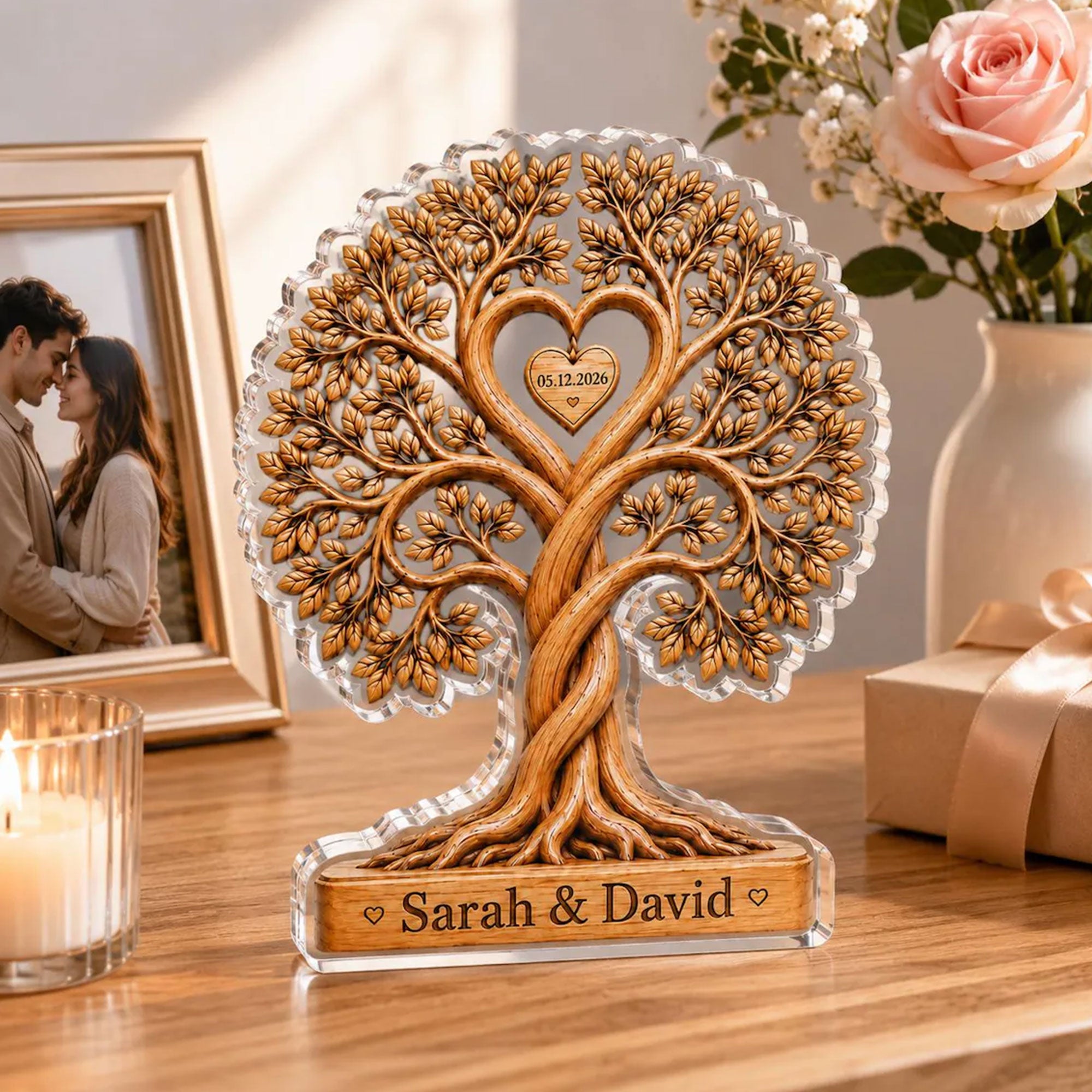 Personalized Couple Heart Tree Acrylic Block – Custom Couple Gift – Engraved Name Acrylic Decor – Anniversary Gift for Him Her