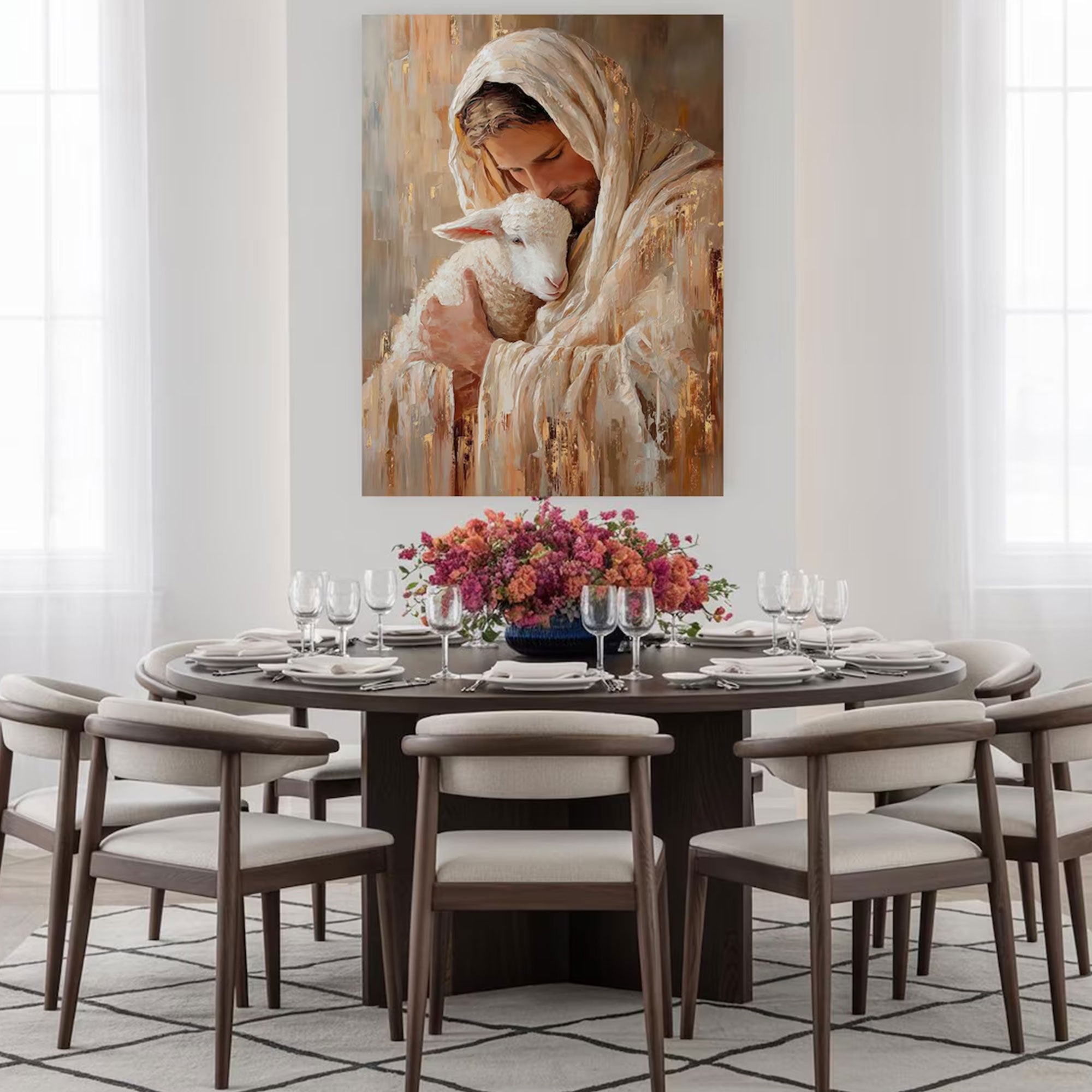 Jesus Hugging Lamb Canvas Print, Christian Wall Art, Good Shepherd Artwork, Religious Home Decor Gift