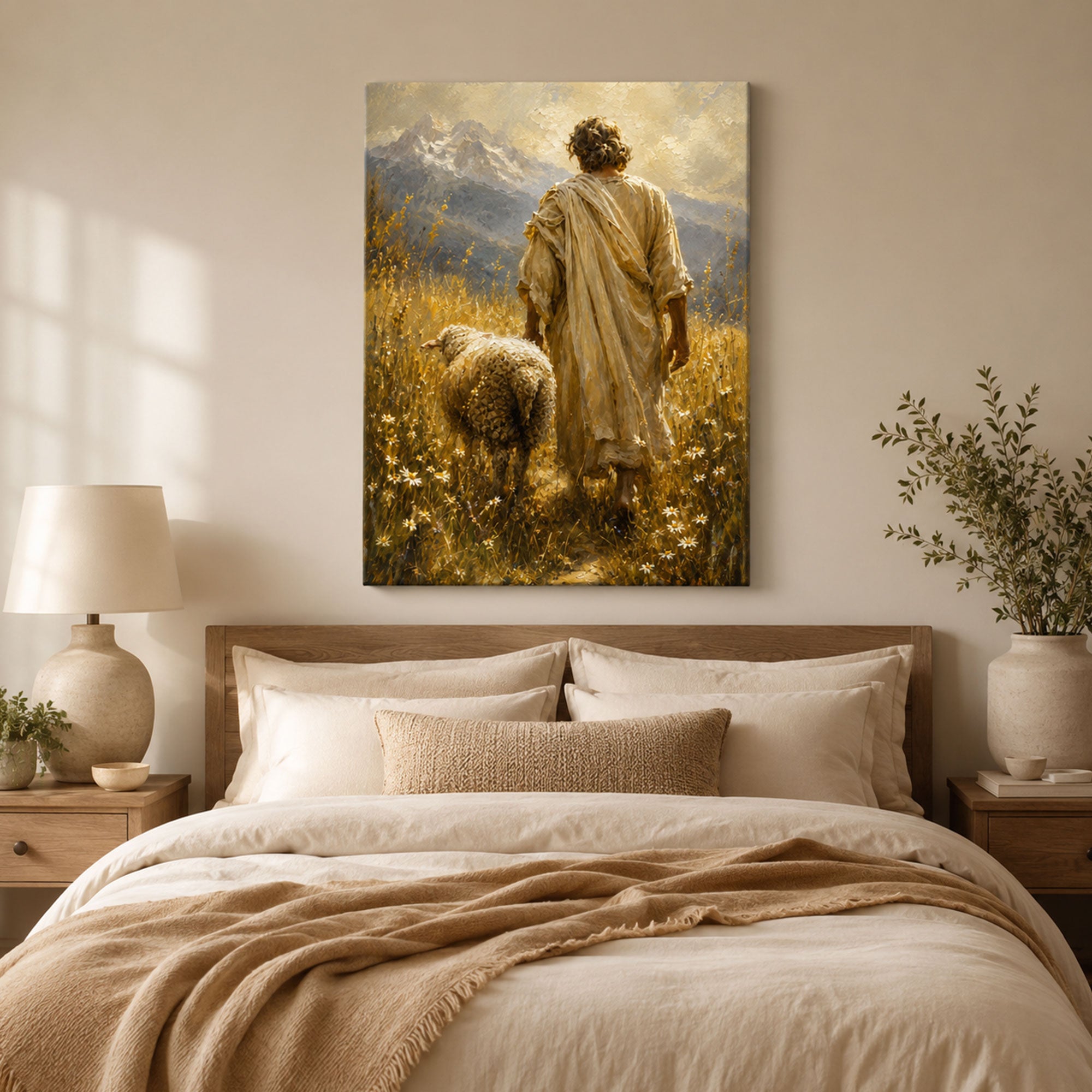 Good Shepherd Jesus Canvas Print, Jesus with Lamb Christian Wall Art, Faith Home Decor Gift
