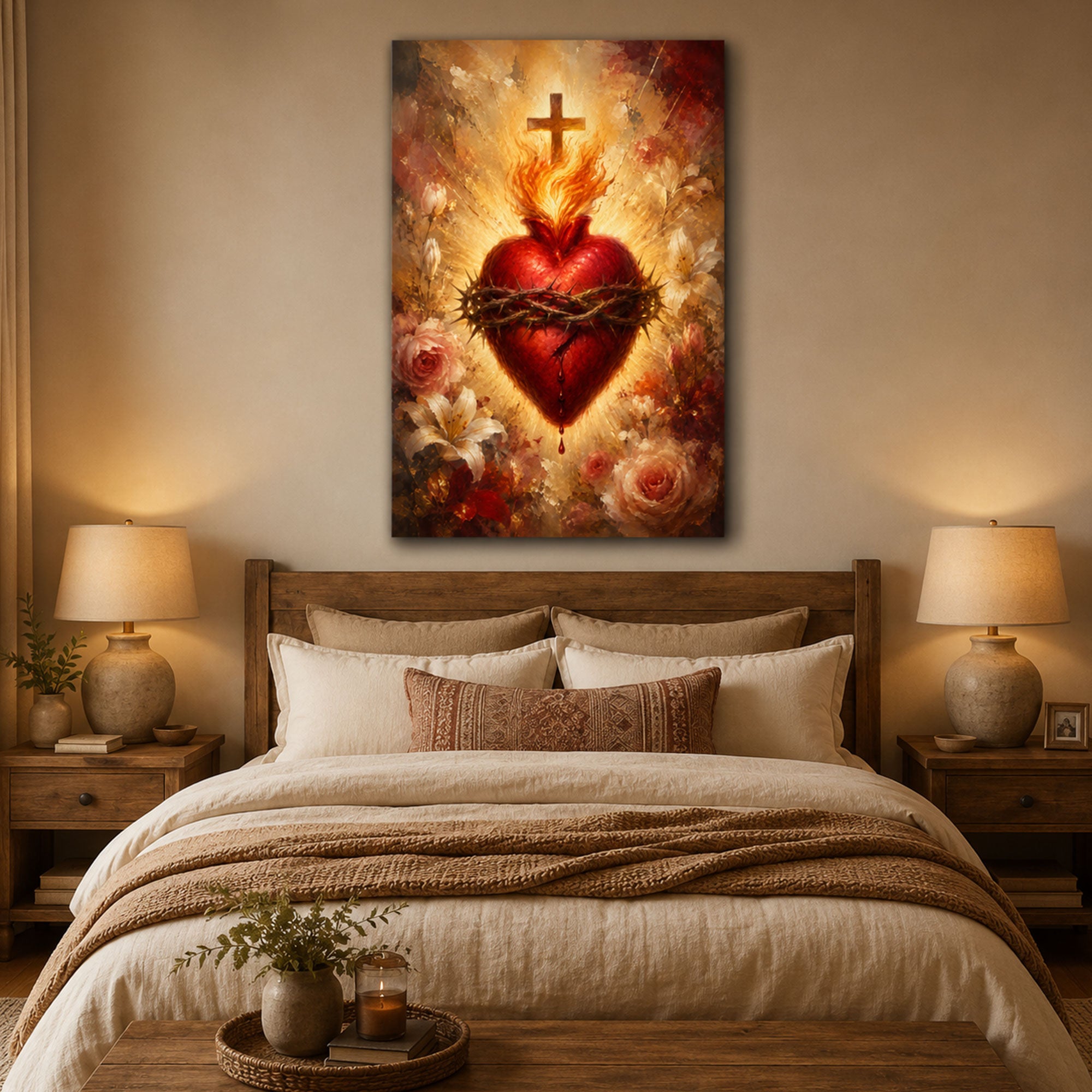 Sacred Heart of Jesus Canvas Print, Flaming Heart with Crown of Thorns Catholic Wall Art, Christian Religious Home Decor Gift