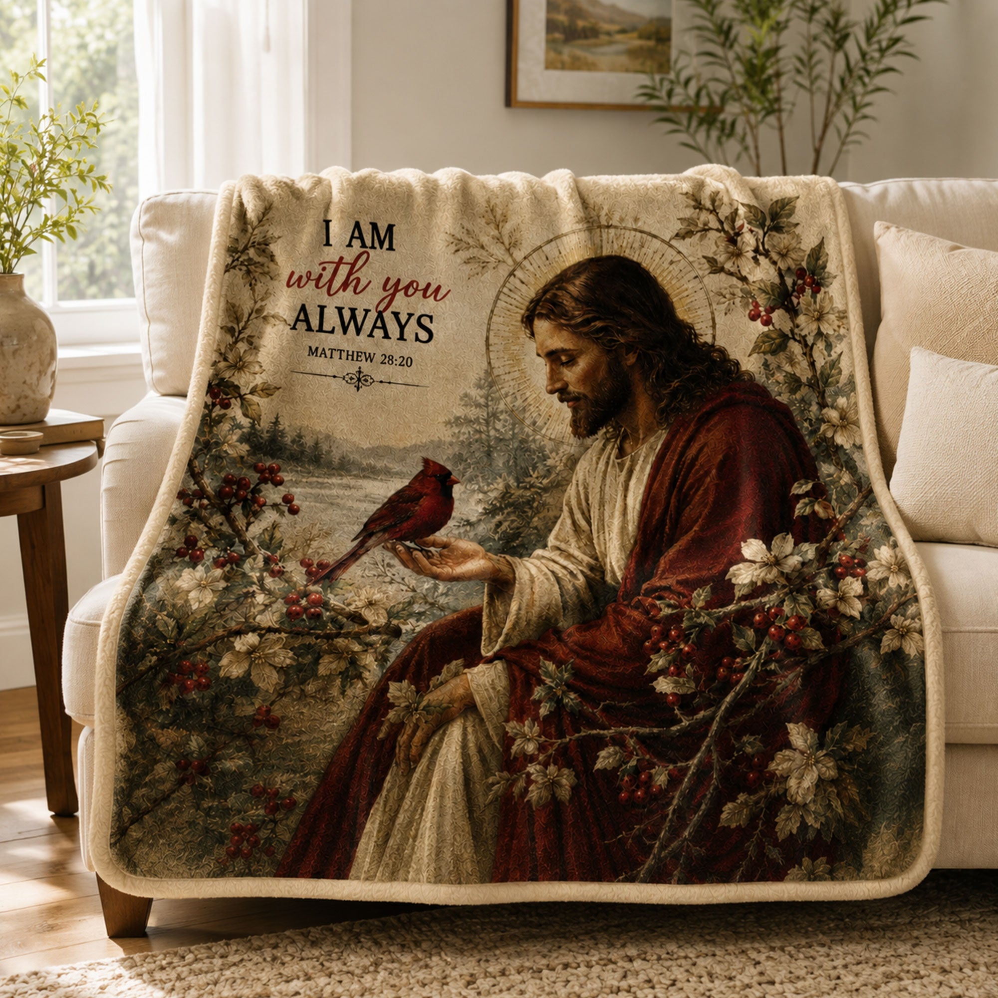 Jesus I Am With You Always Fleece Blanket, Matthew 28:20 Christian Throw, Cardinal Faith Gift