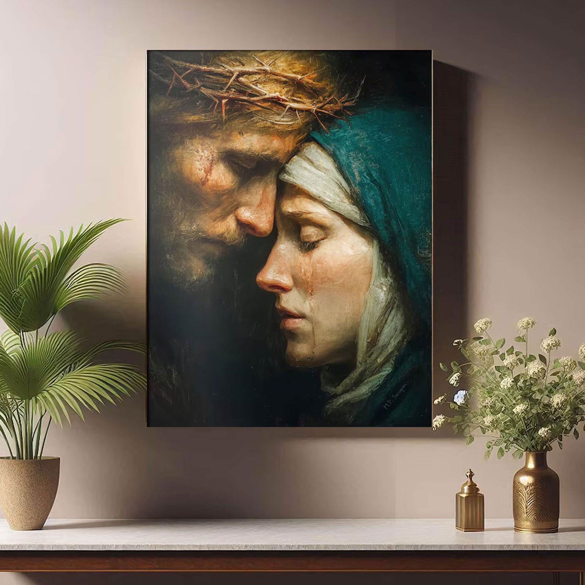 Jesus Mary Embrace Canvas Print, Goodbye Mother Artwork, Catholic Comfort Gift
