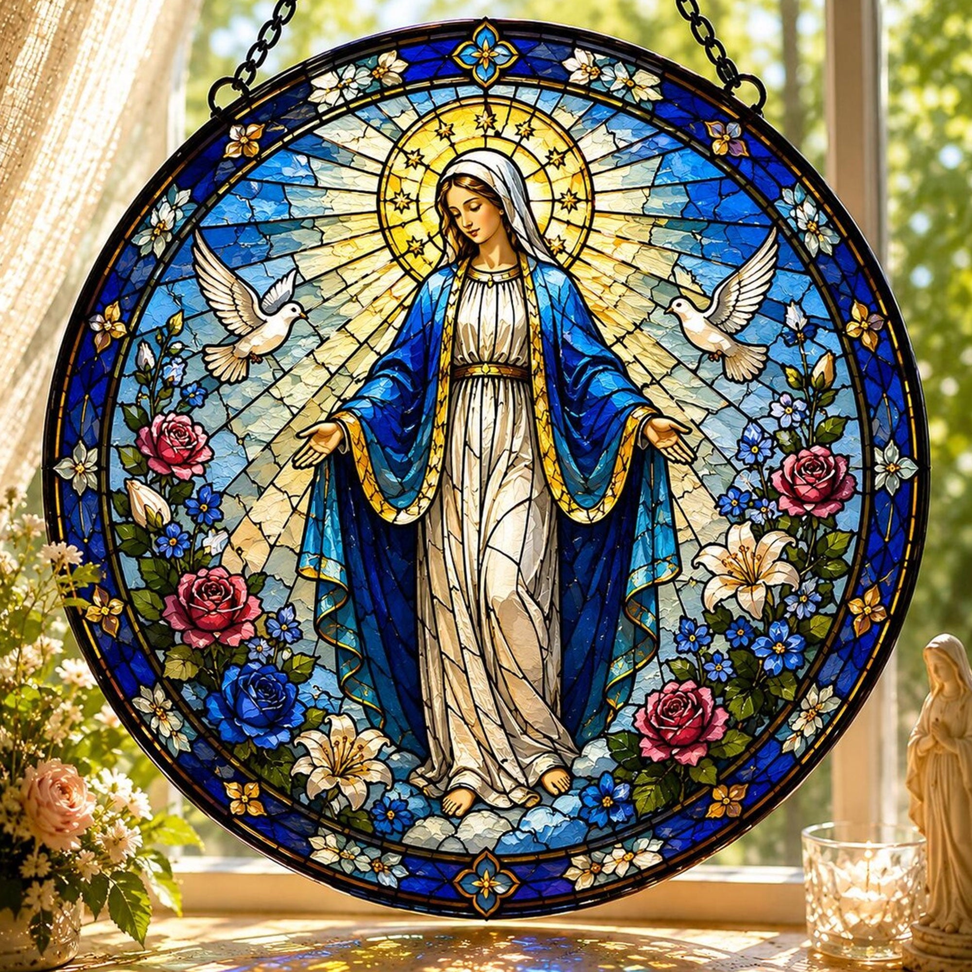 Virgin Mary Suncatcher, Our Lady of Grace Floral Window Hanging, Catholic Gift