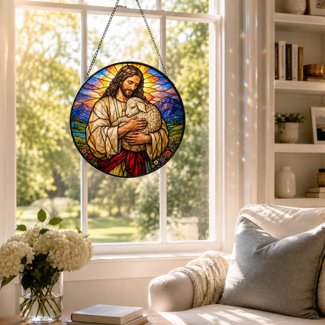 Jesus Holding Lamb Suncatcher, Good Shepherd Christian Window Decor, Faith Gift