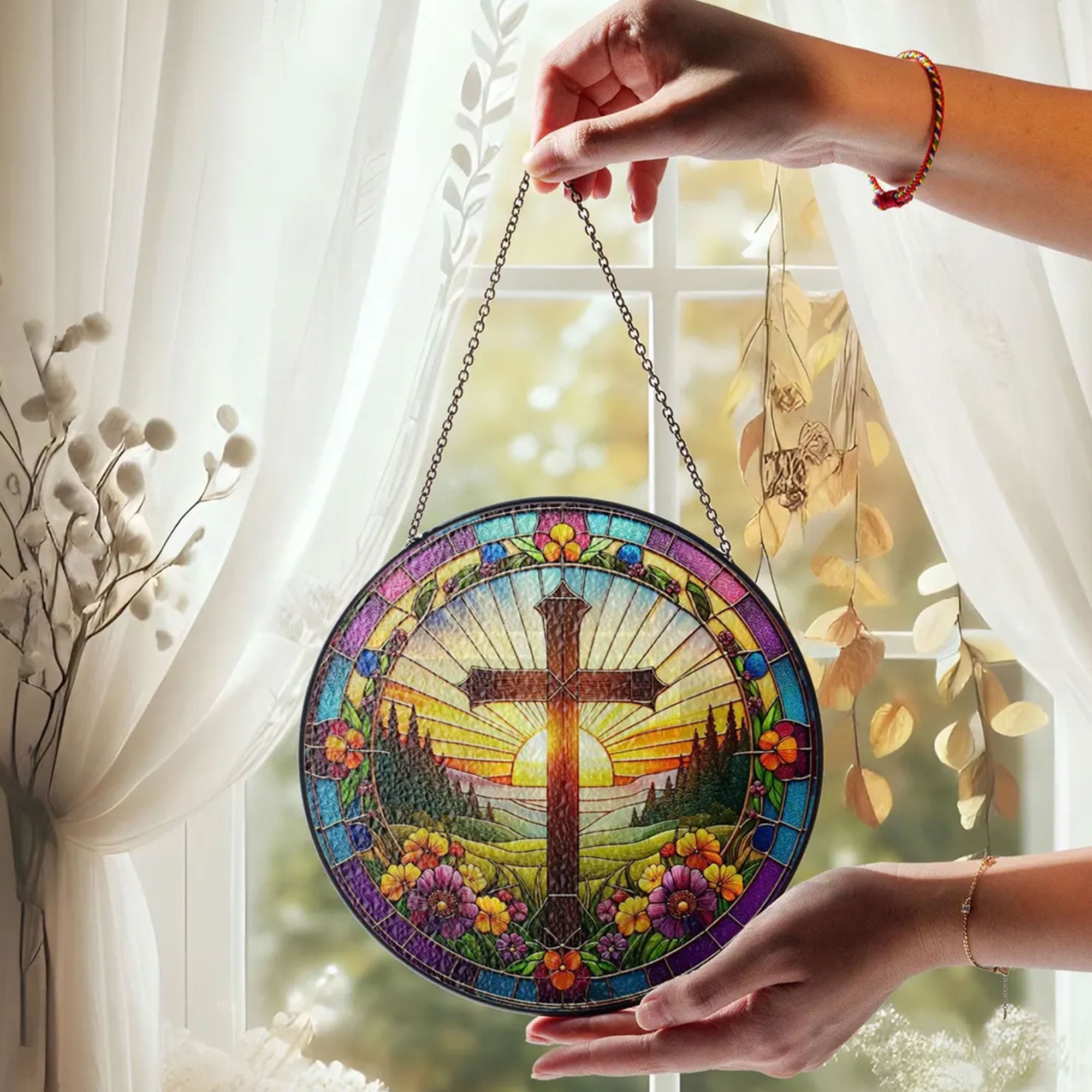 Christian Cross Stained Glass Suncatcher, Floral Window Hanging Decor, Religious Home Decor, Memorial Gift
