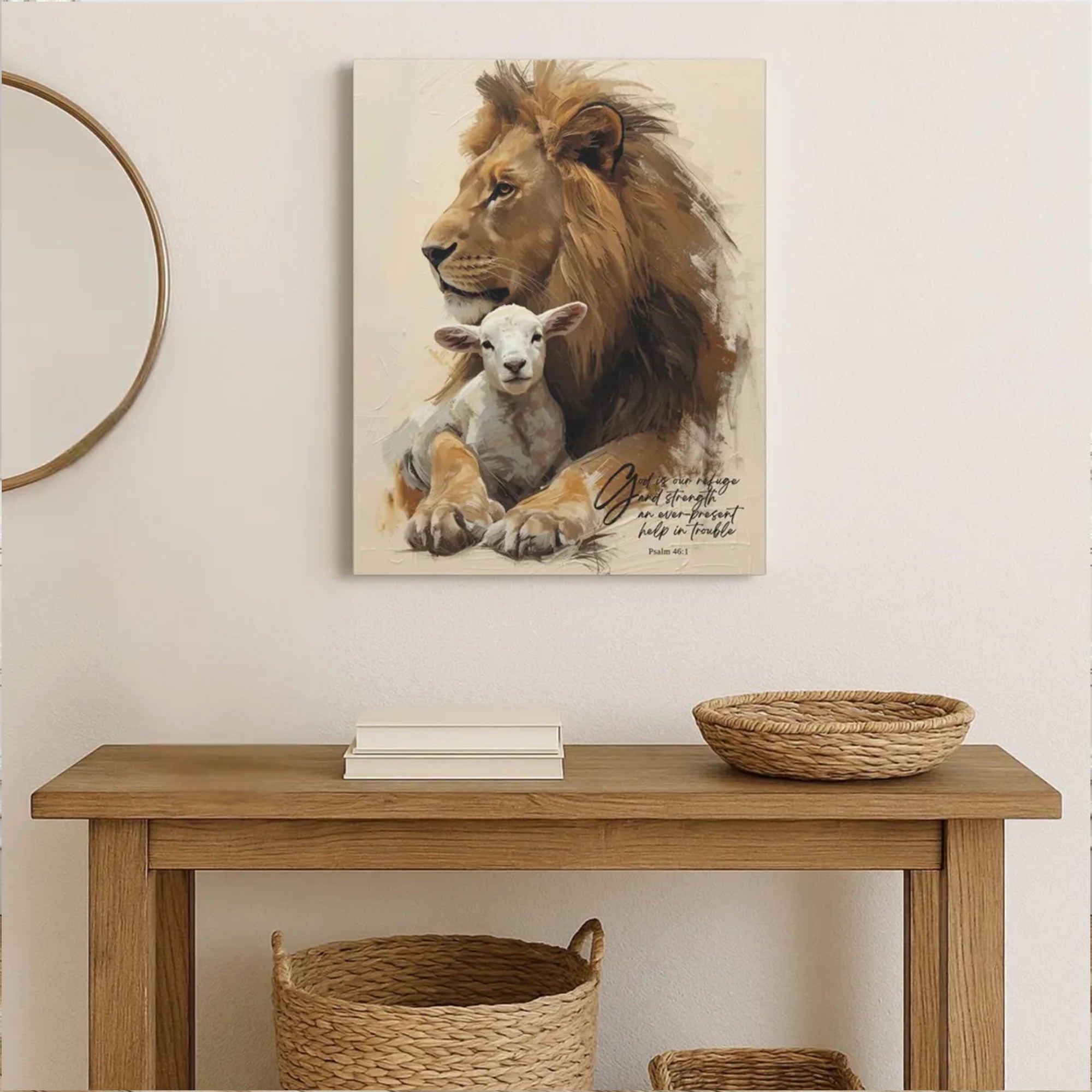 Lion and Lamb Psalm 46:1 Canvas Print, Christian Faith Wall Art, Biblical Home Decor, Inspirational Scripture Artwork