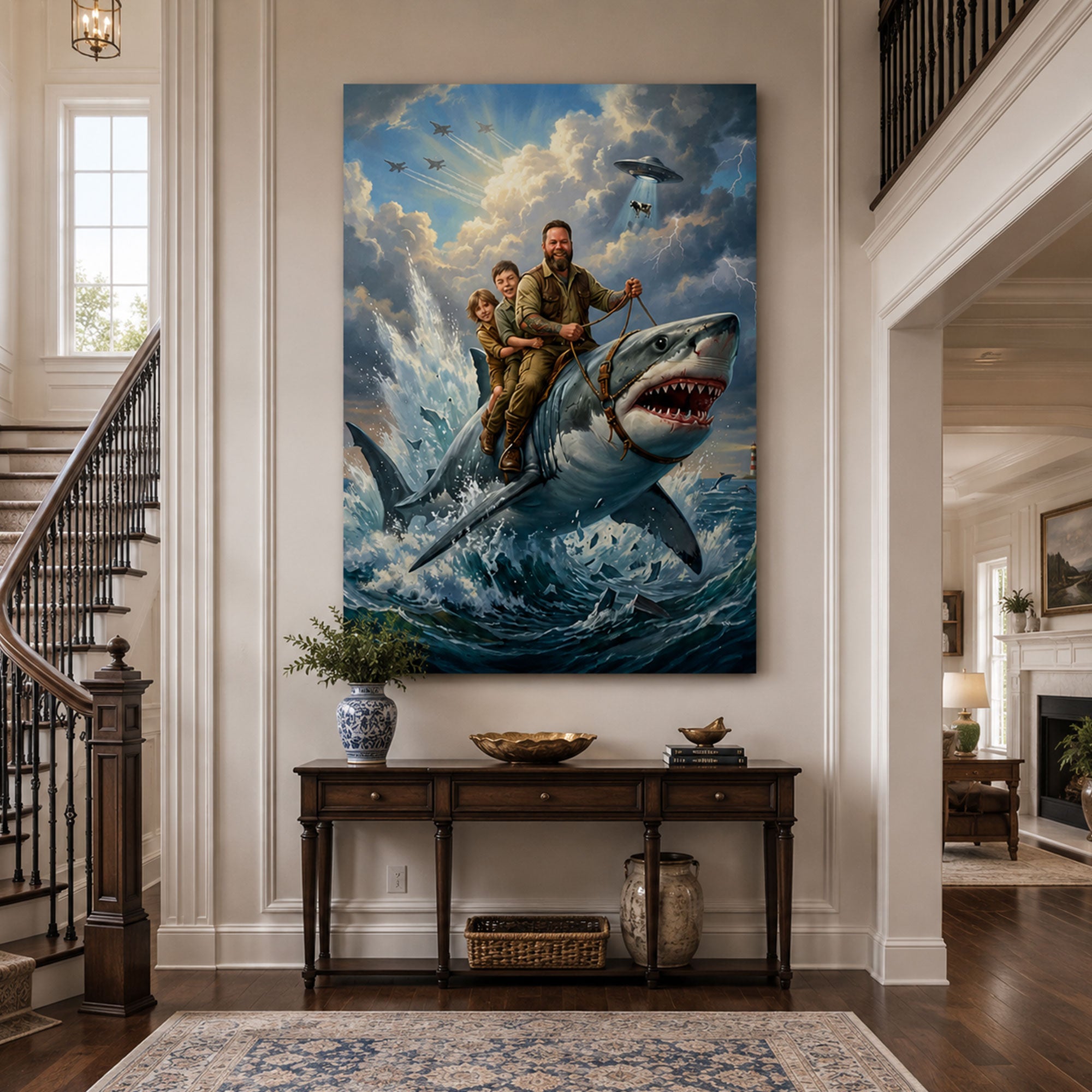 Personalized Shark Rider Canvas Print, Custom Dad and Kids Adventure Wall Art, Father’s Day Gift