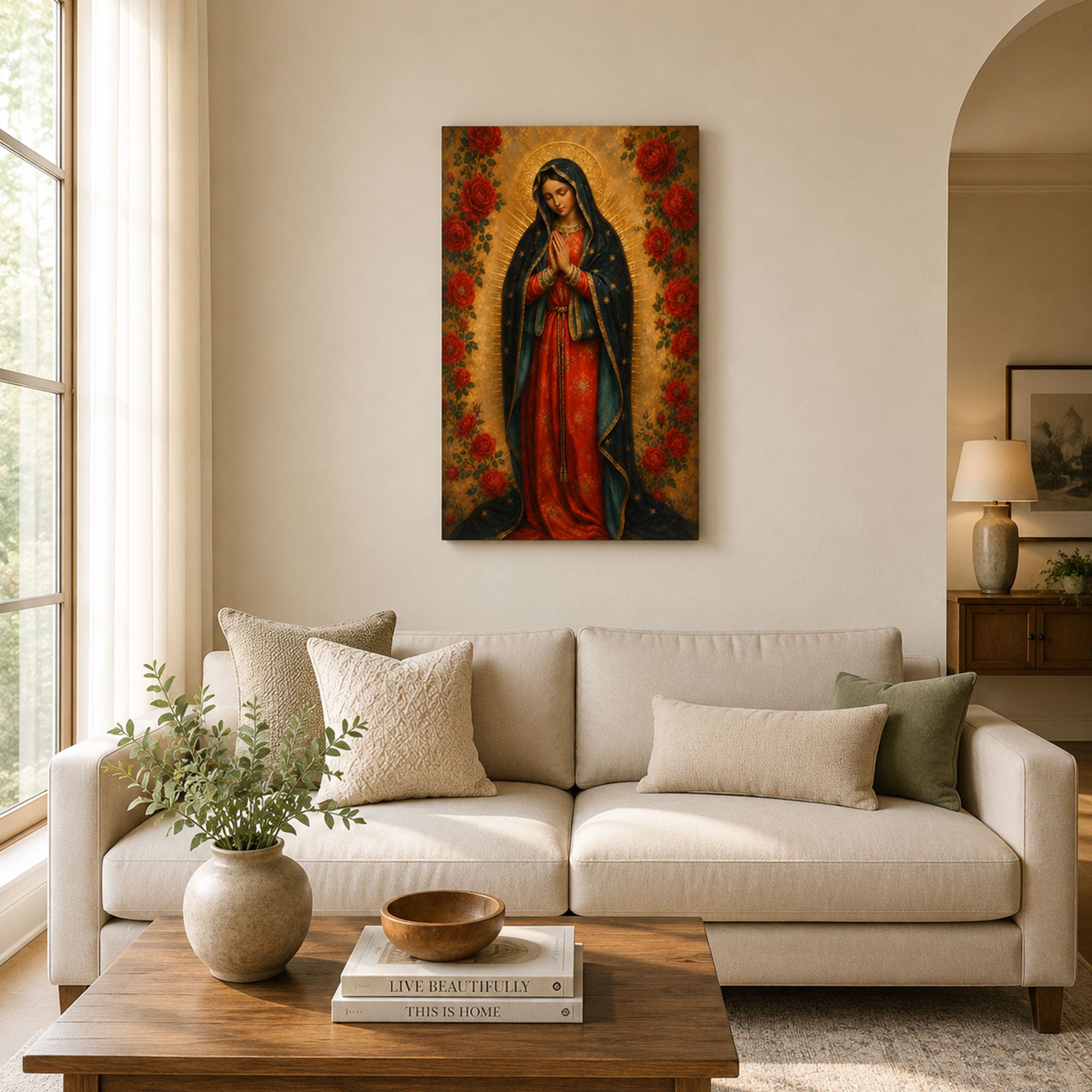 Our Lady of Guadalupe with Roses Canvas Print, Virgin Mary Catholic Wall Decor, Marian Faith Gift