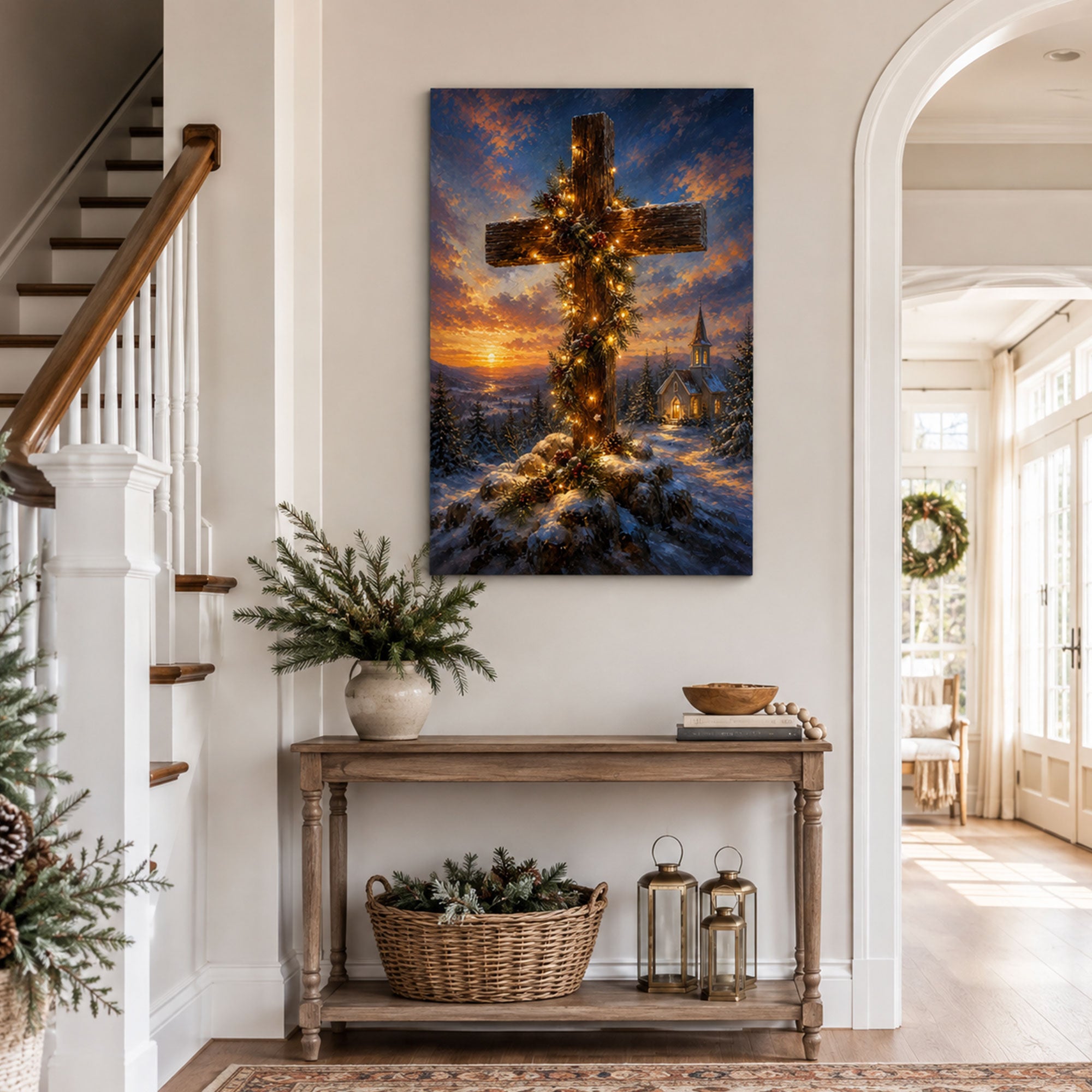 Christmas Cross Canvas Print, Light of Christ Christian Wall Decor, Religious Christmas Gift