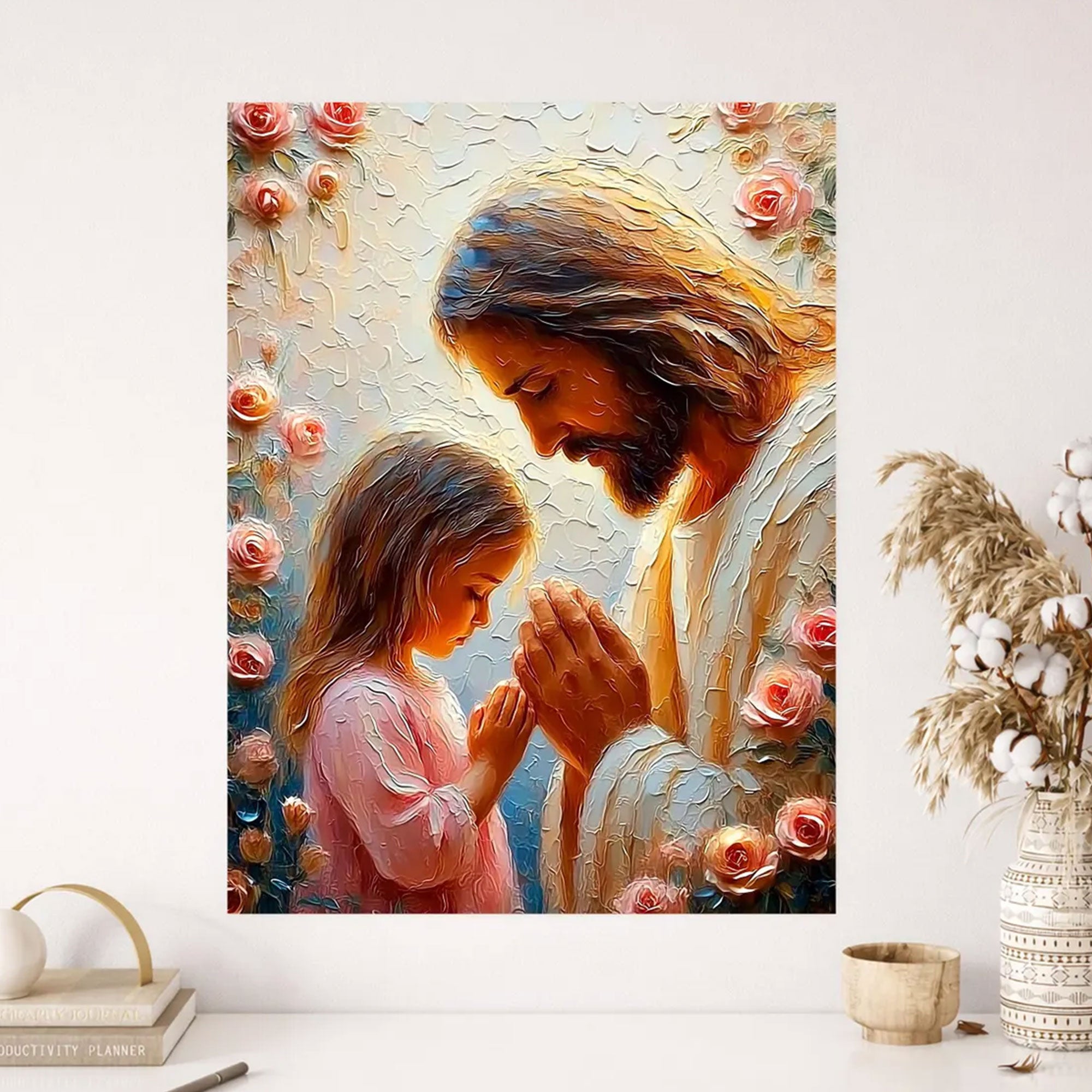 Jesus and Little Girl Praying Canvas Print Christian Daughter Wall Art Faith and Prayer Home Decor