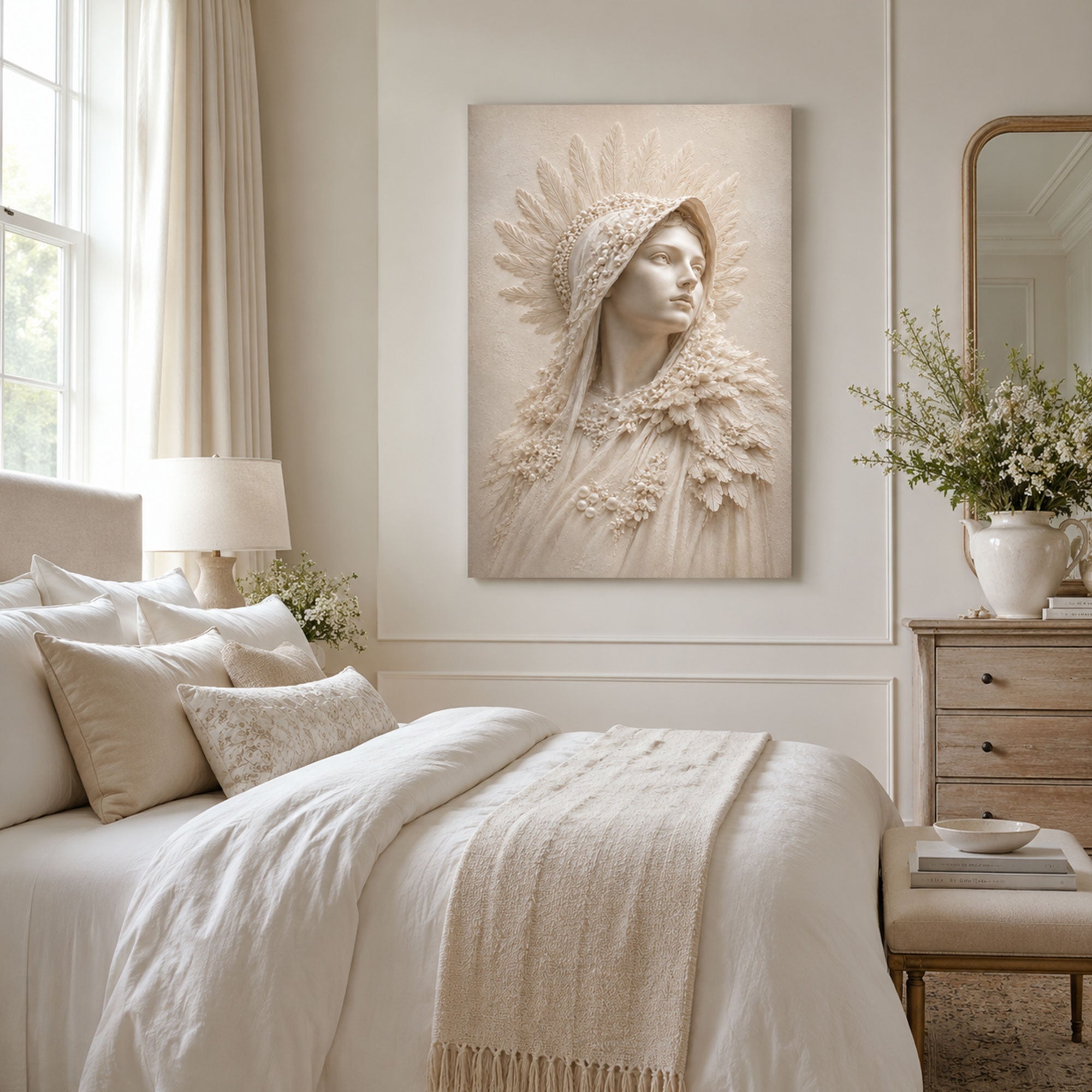 Virgin Mary Ivory Portrait Canvas Print, Catholic Marian Wall Art, Neutral Faith Home Decor Gift