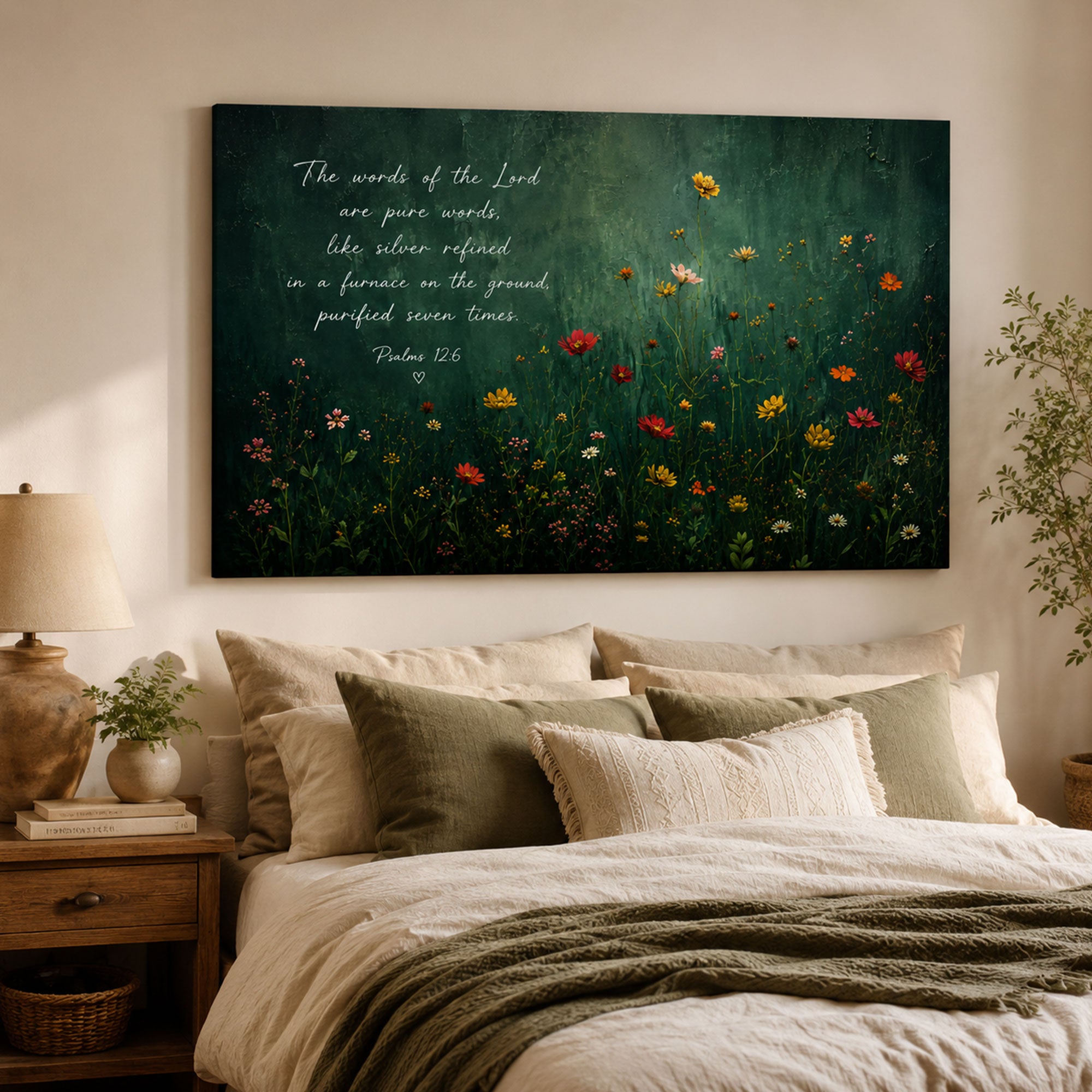 The Words of the Lord Psalm 12:6 Canvas Print, Christian Scripture Wall Art, Dark Green Floral Faith Home Decor