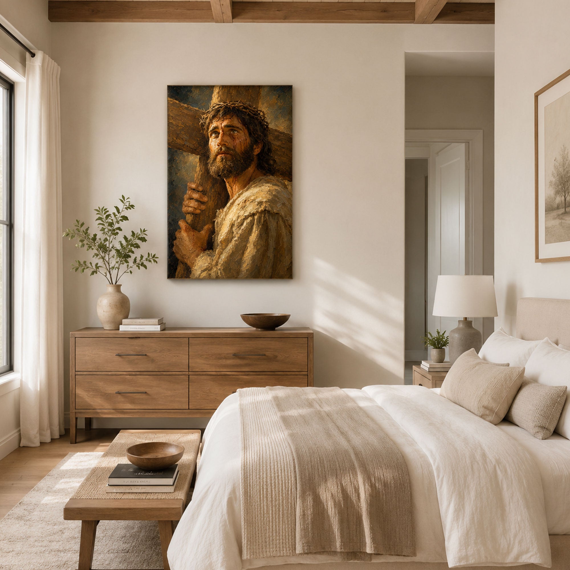 Jesus Carrying the Cross Canvas Print, Crown of Thorns Christian Wall Decor, Faith Gift